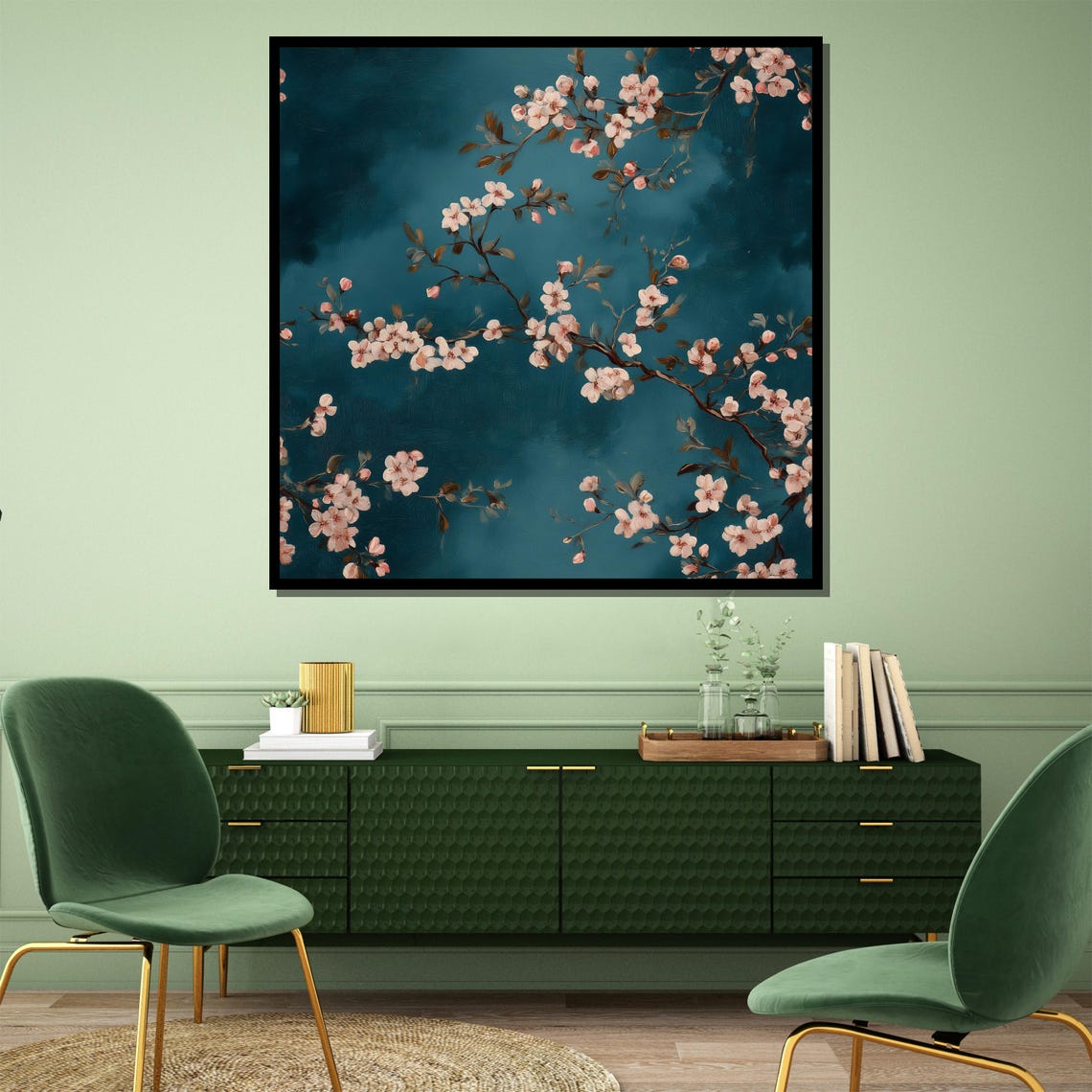Elegant Pink Cherry Blossom Branches On Dark Teal Art Poster - Image 4