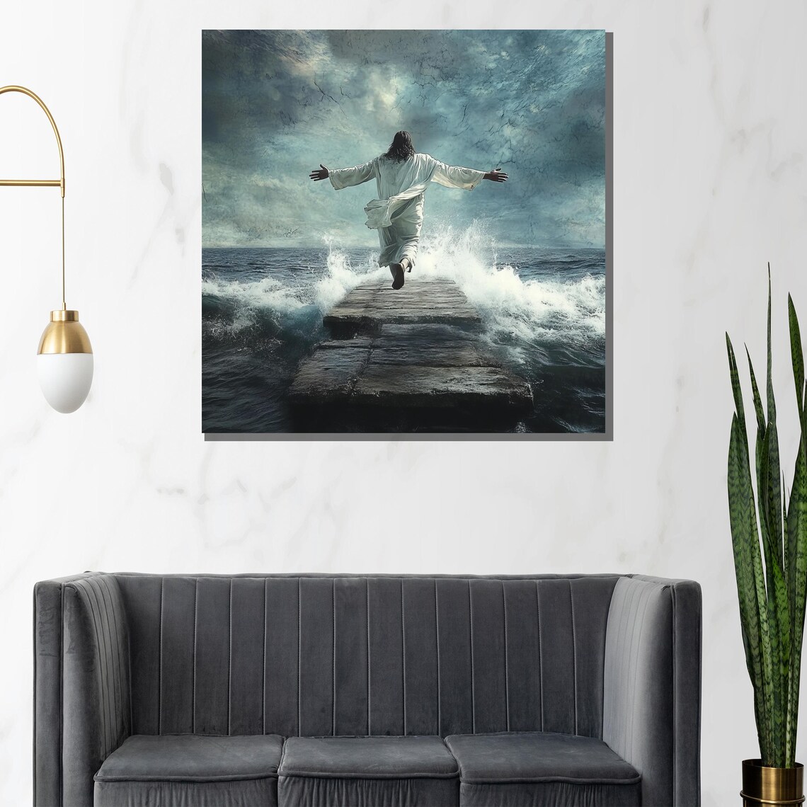 Jesus Walking on Water Teal Storm Arms Outstretched Sea Poster - Image 3