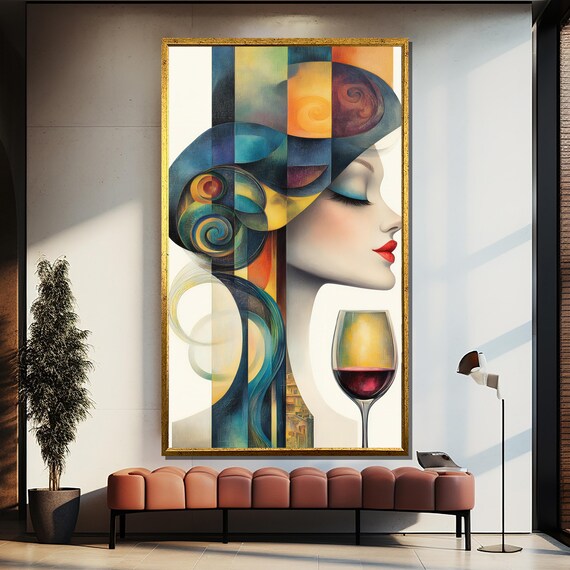 Abstract Woman With Wine Glass Cubist Jewel Tone Style Poster