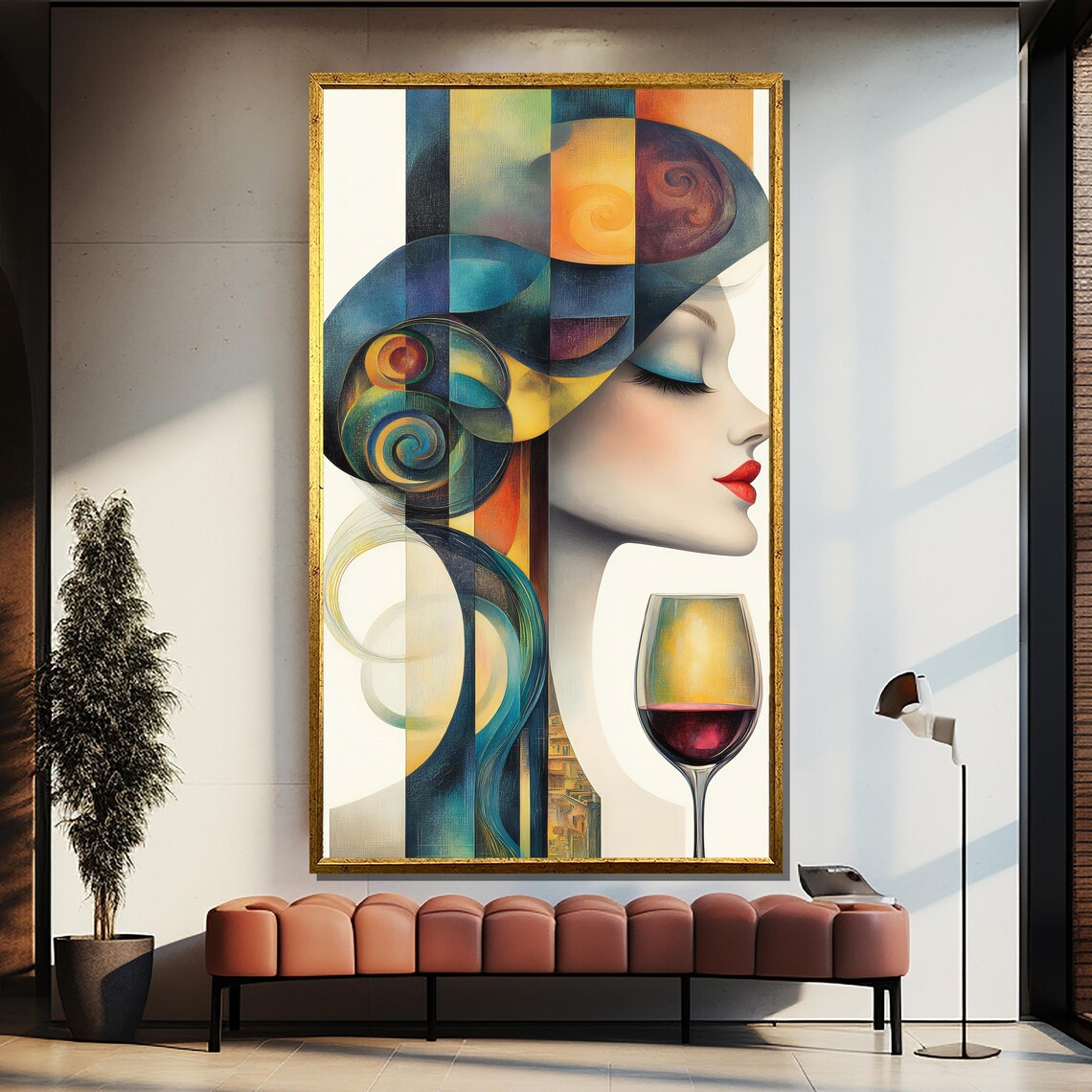 Abstract Woman With Wine Glass Cubist Jewel Tone Style Poster