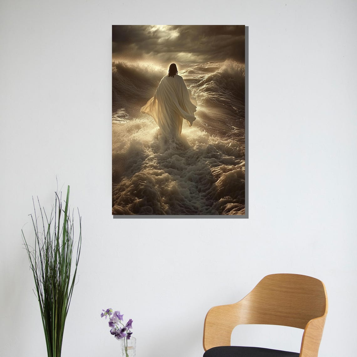 Jesus Walking on Water Golden Sepia Light Behind Waves Poster - Image 3