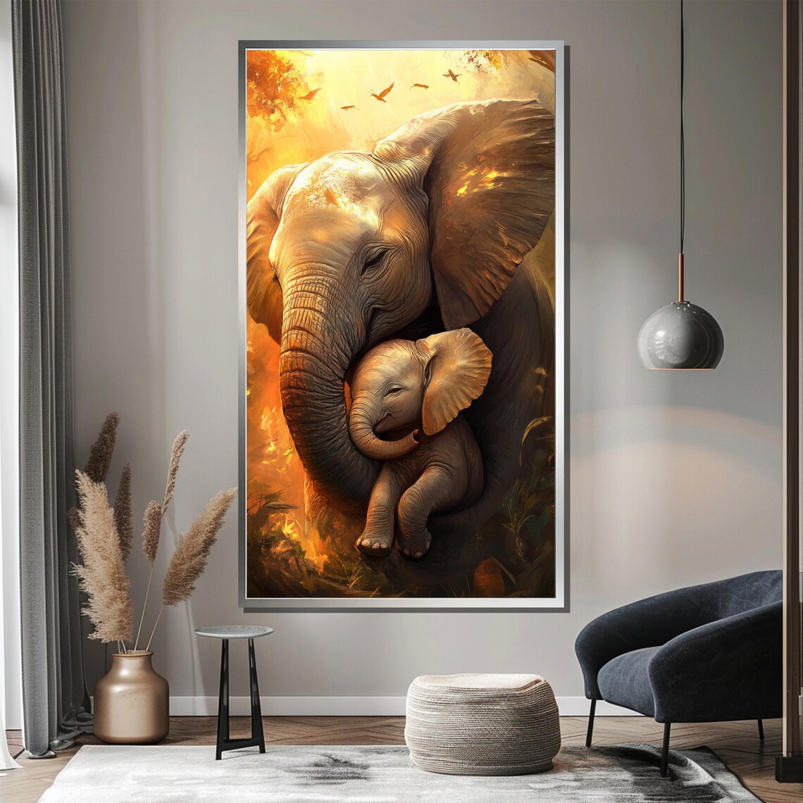 Mother Elephant Hugging Baby In Golden Sunset Painting Poster - Image 3