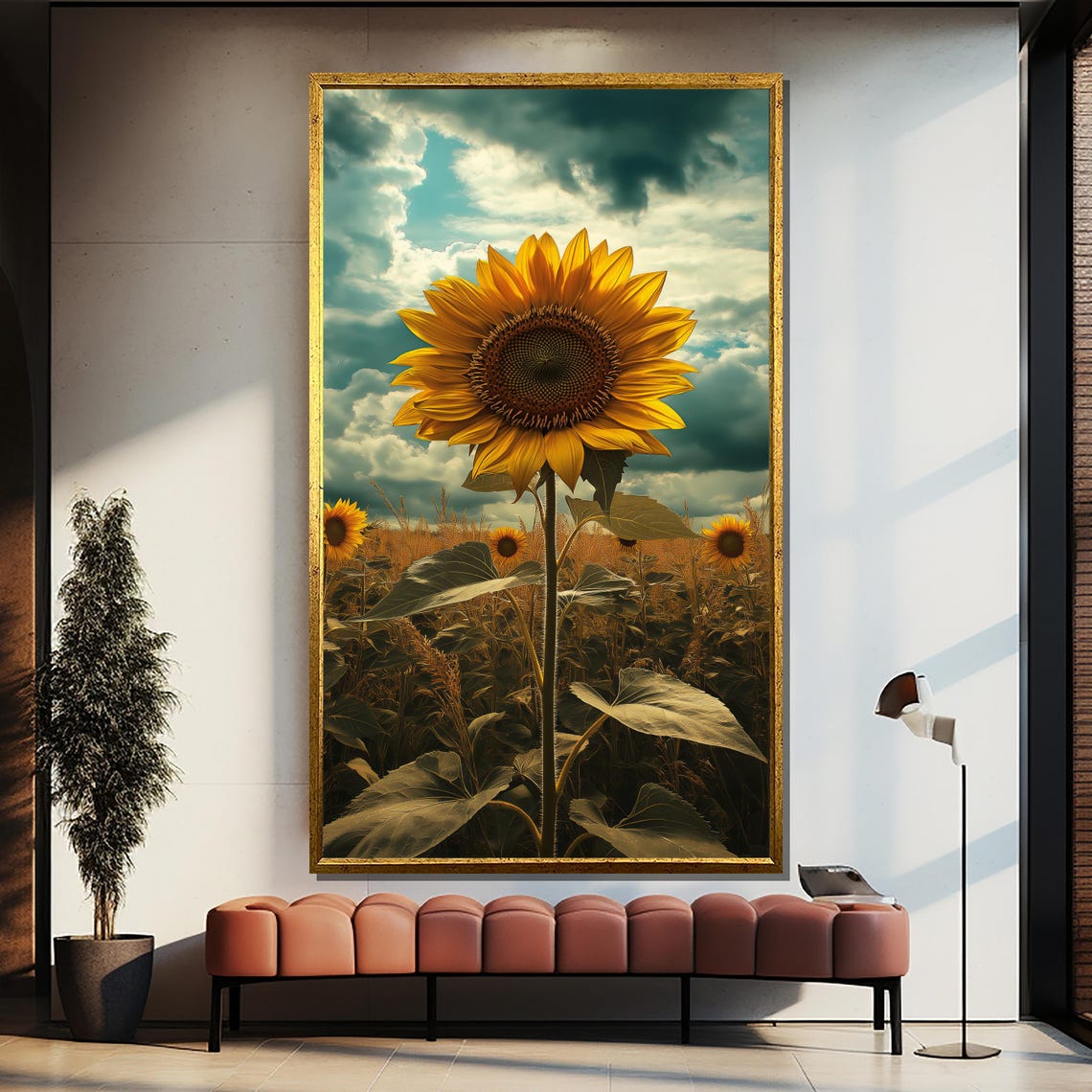 Tall Sunflower In Golden Field Under Dramatic Cloudy Sky Poster
