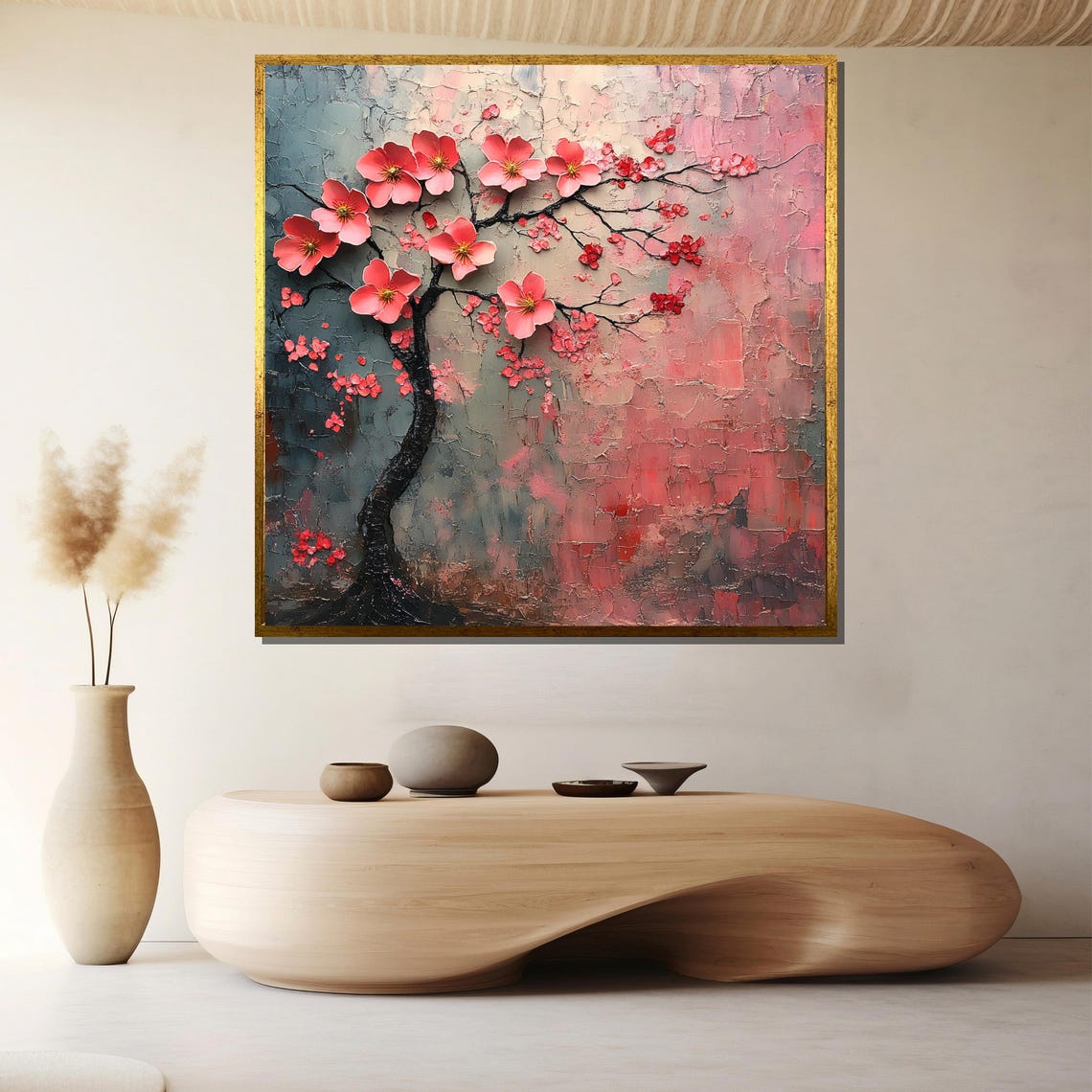 Pink Cherry Blossom Tree 3D Impasto Textured Floral Art Poster