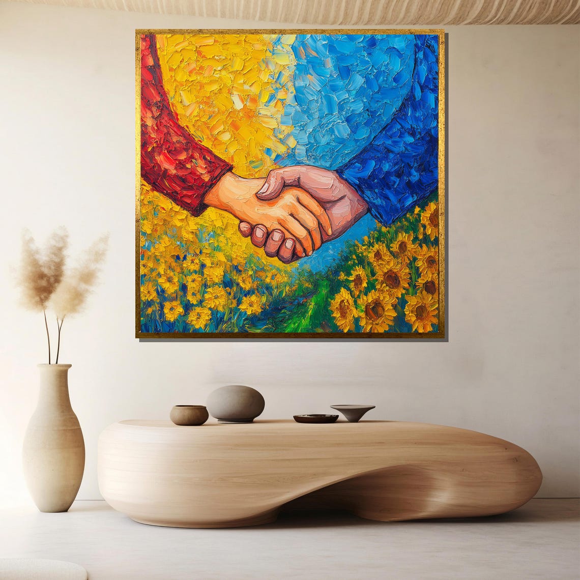 Unity And Friendship Handshake Sunflower Joyful Painting Poster