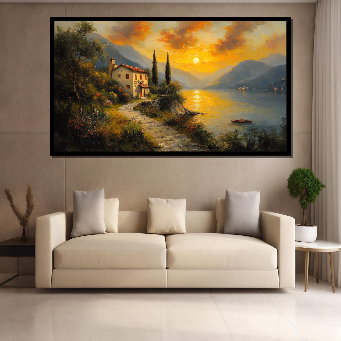 Italian Lakeside Villa At Golden Sunset With Cypress Art Poster - Image 4