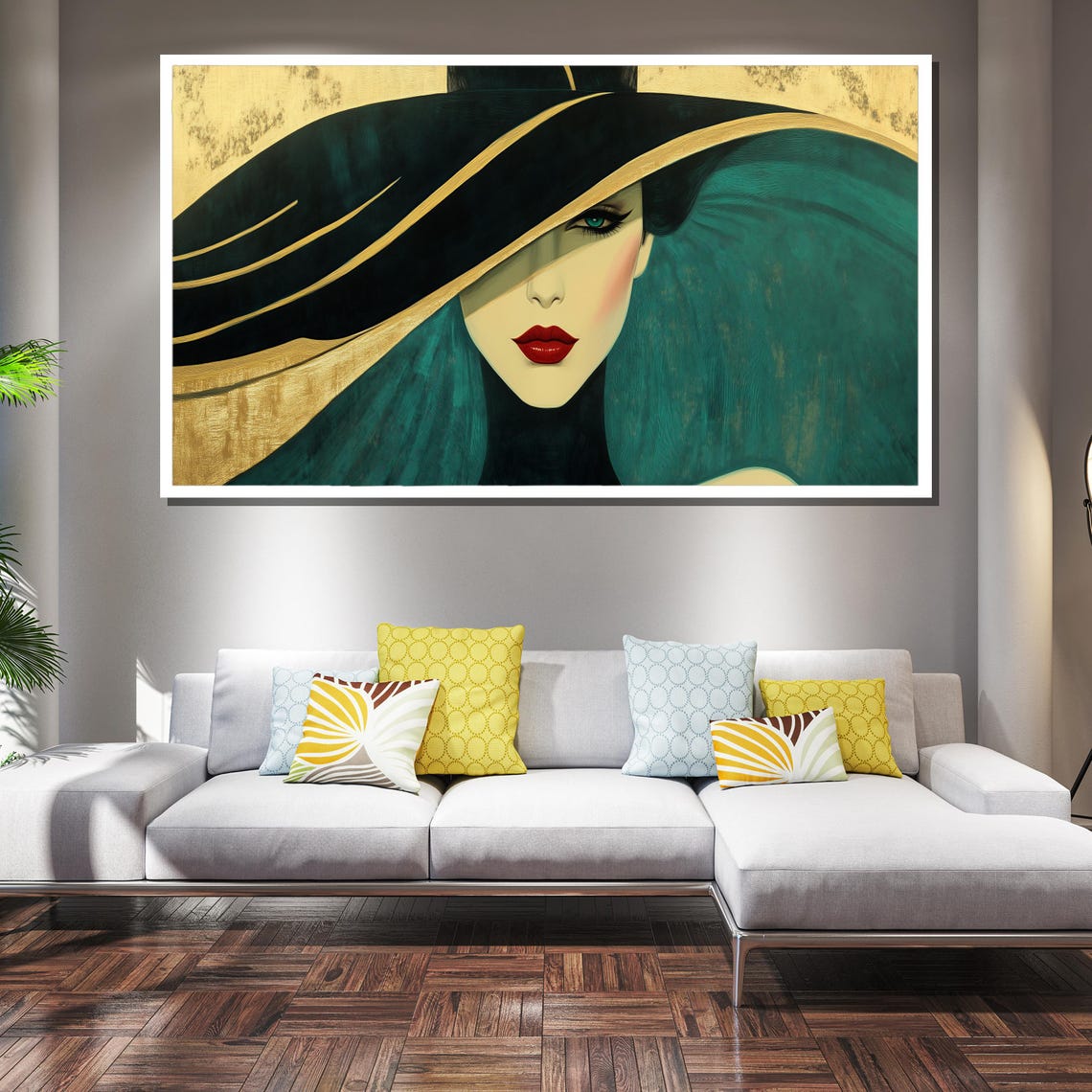 Art Deco Woman With Teal Hat Red Lips On Golden Backdrop Poster - Image 3
