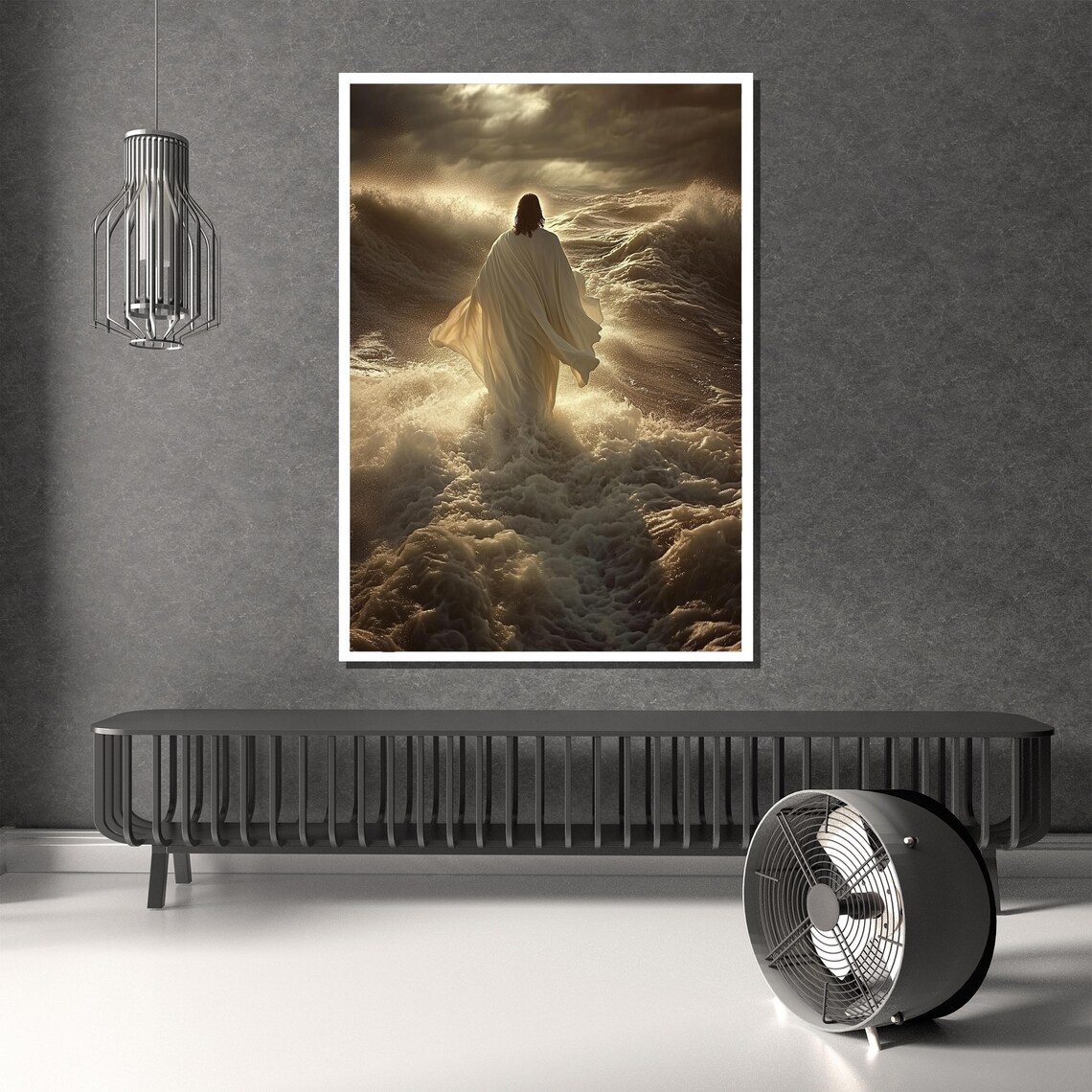 Jesus Walking on Water Golden Sepia Light Behind Waves Poster - Image 4