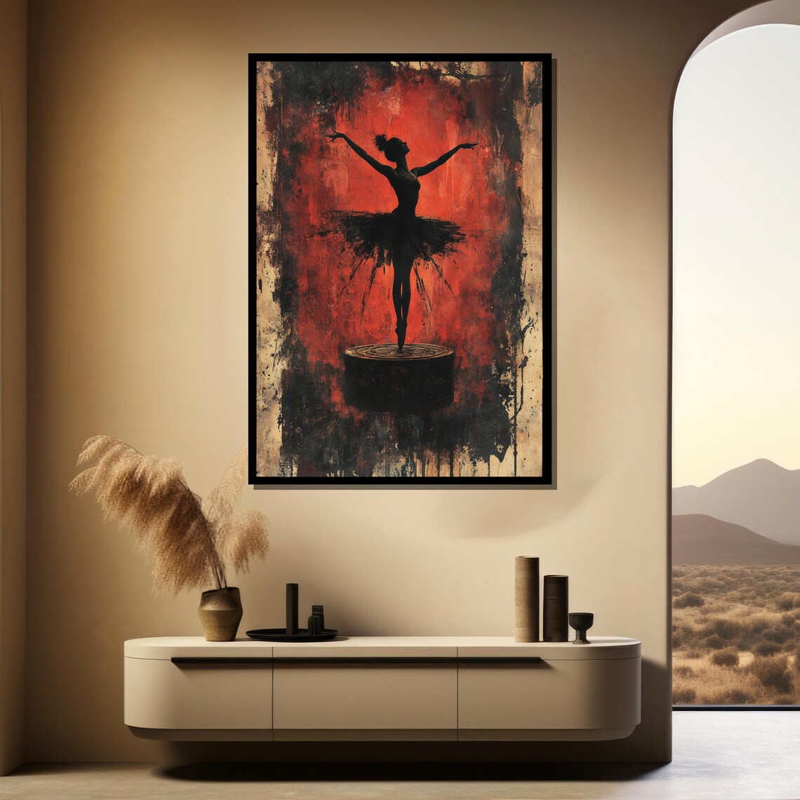 Fiery Ballerina Silhouette on a Vintage Music Box Red Art Poster - Image 4