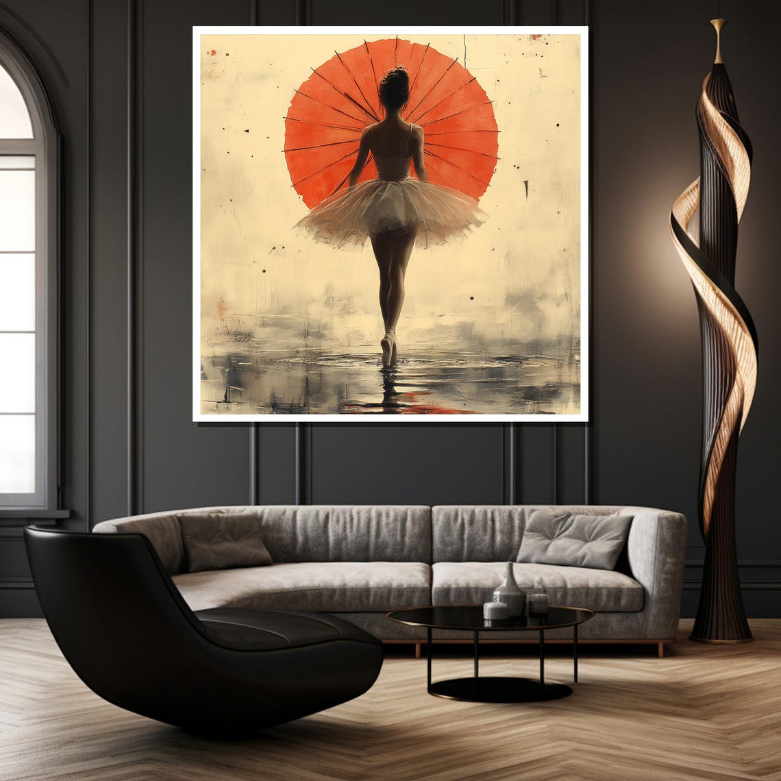 Ballerina With a Red Parasol Walking Through the Mist Poster - Image 2