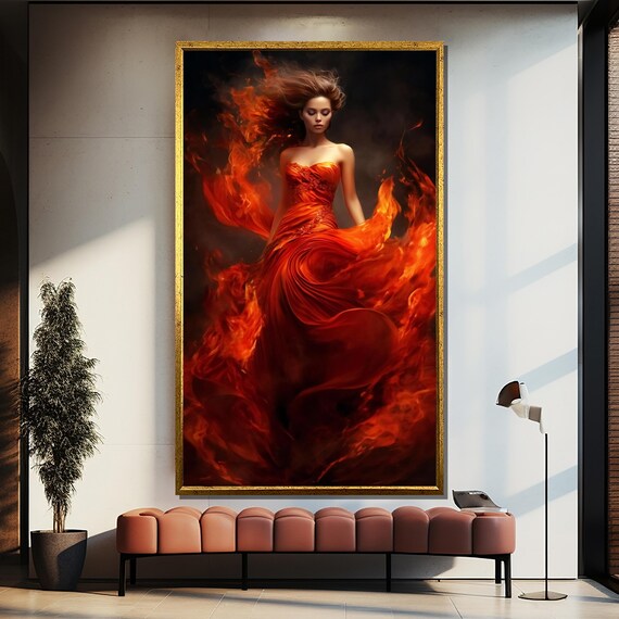 Dramatic Fiery Woman In Flaming Red Dress Against Smoke Poster
