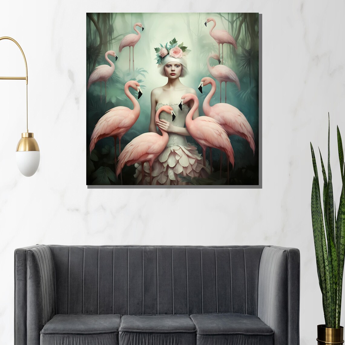 Whimsical Surreal Flamingo Woman Pink Birds Dream Art Poster - Image 2