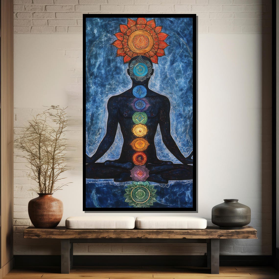 Seven Chakra Alignment Meditating Figure Blue Watercolor Wall Poster - Image 4