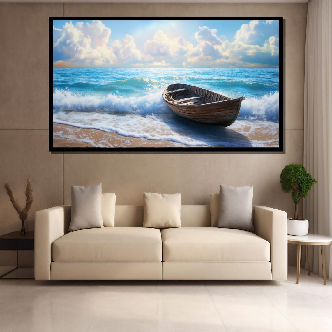 Wooden Boat on Shore Turquoise Ocean Waves Scene Coastal Poster - Image 4