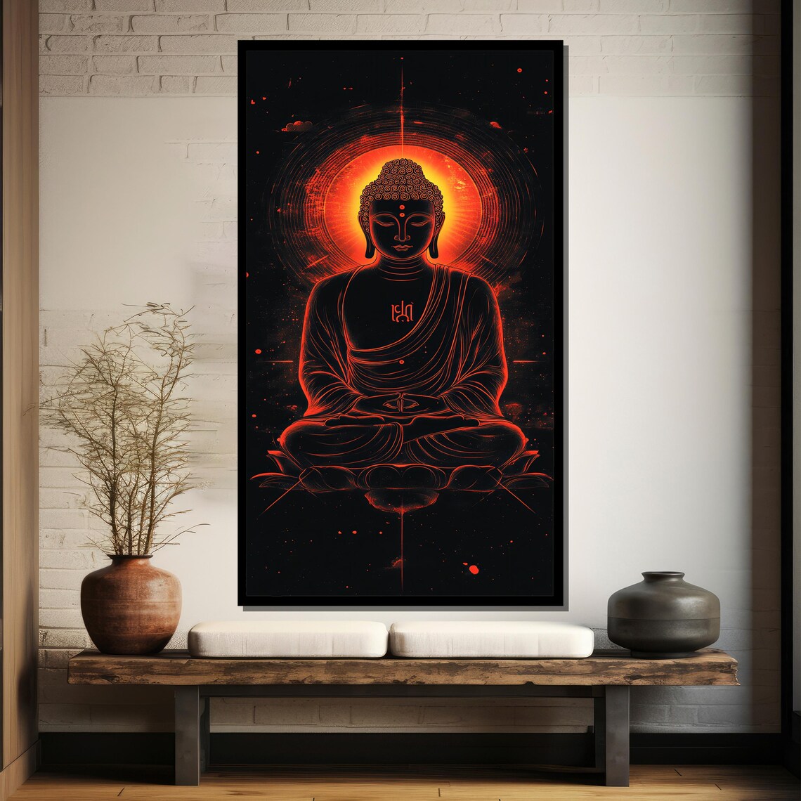 Red Neon Buddha Outline With Fiery Halo Dark Spiritual Poster - Image 4