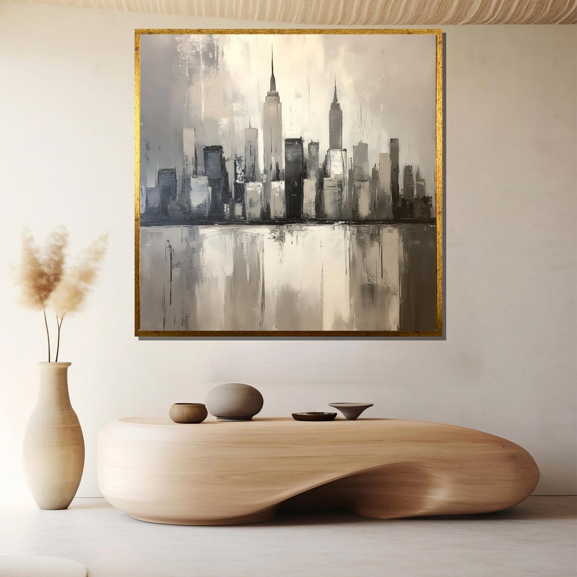 Gray Monochrome City Skyline Reflected In Water Modern Art Poster