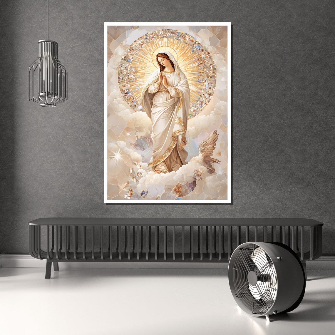 Virgin Mary Praying in Clouds Golden Halo Marian Devotion Poster - Image 4