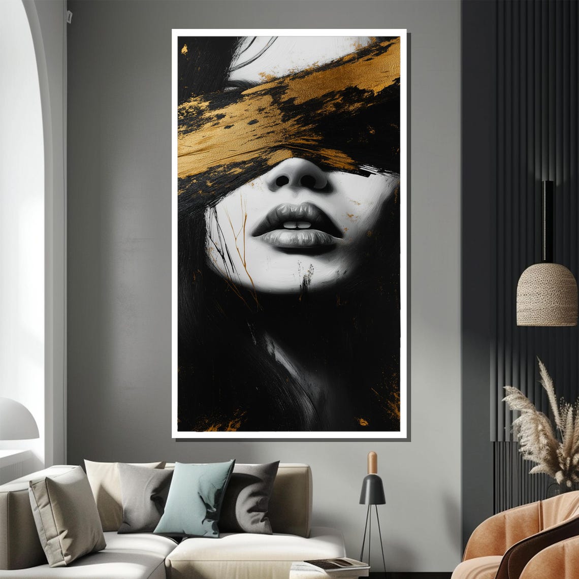 Black White Woman Face Gold Brushstroke Dramatic Luxury Art Poster - Image 2