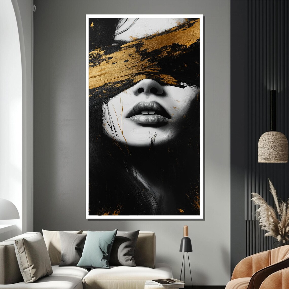 Luxury Gold Accented Modern Woman Painting Black And White Wall Art Unique Home Decor Gift For Sophisticated Spaces - Image 2