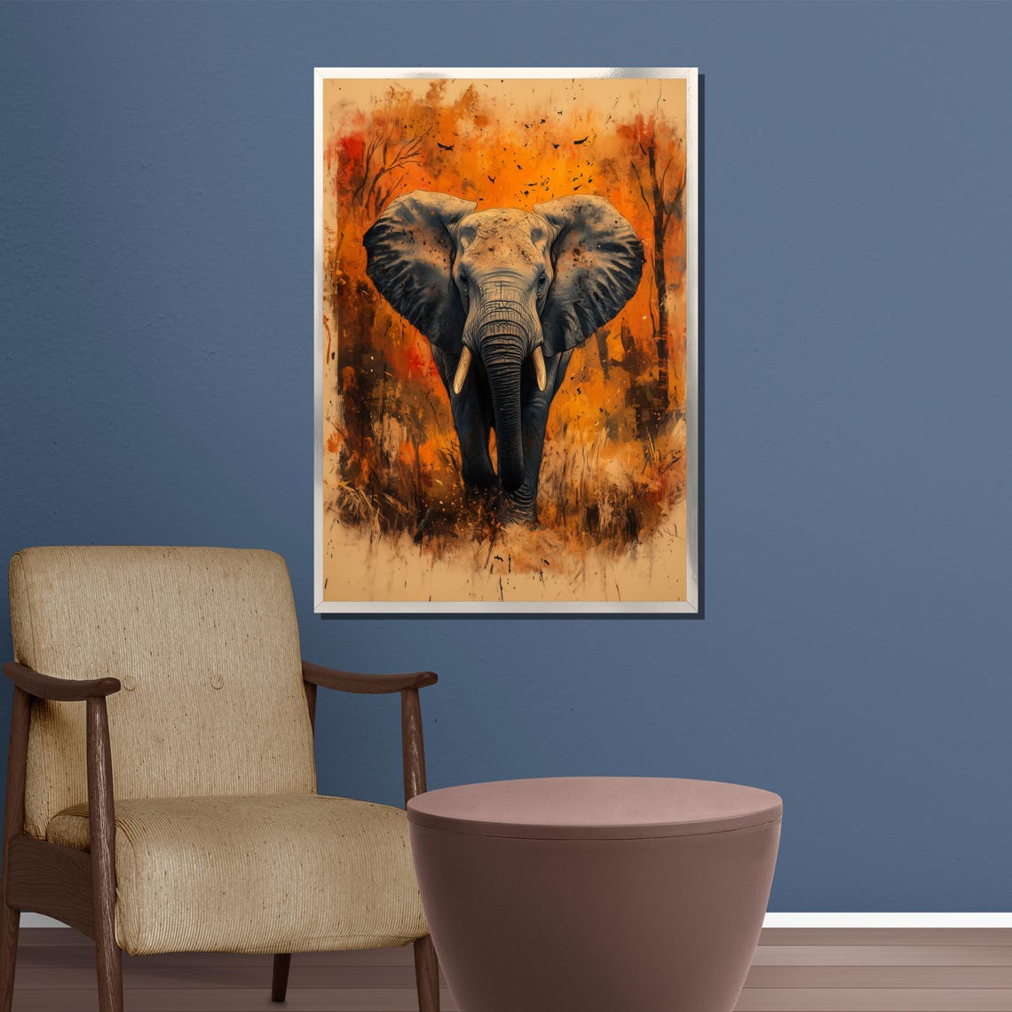 African Elephant Striding Forward Through Orange Savanna Poster - Image 3