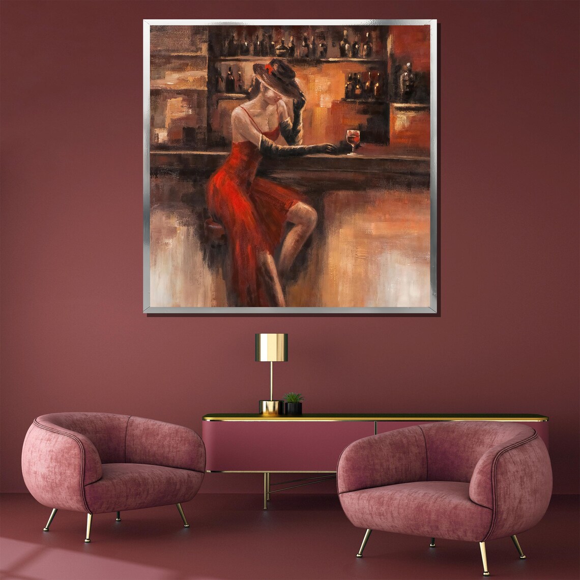 Vintage Romance Painting Of A Woman In Red At A Candlelit Bar Poster - Image 4