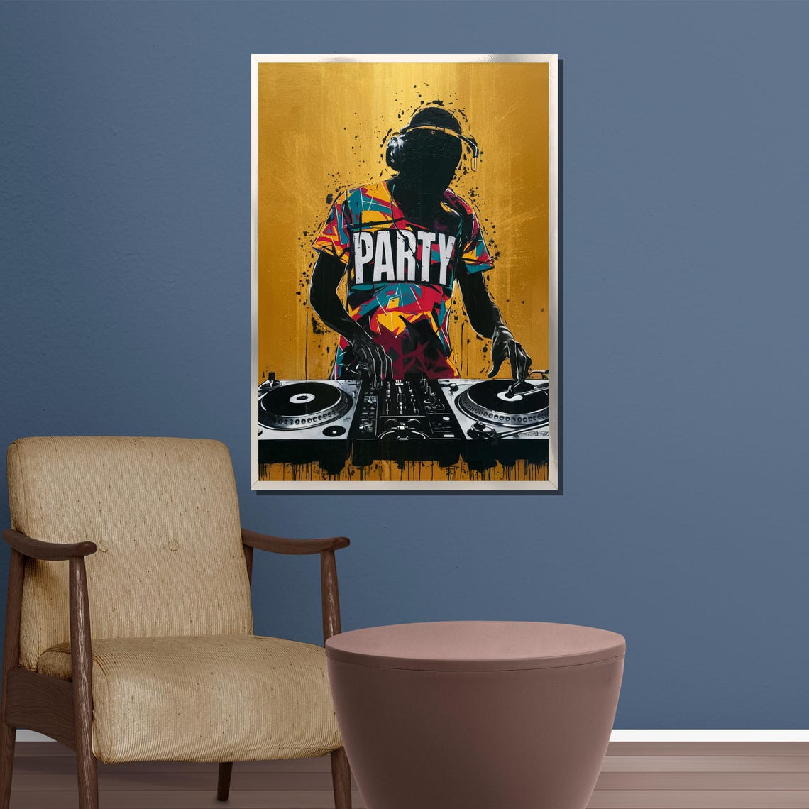 Silhouetted DJ Spinning Turntables On A Golden Background Poster - Image 3