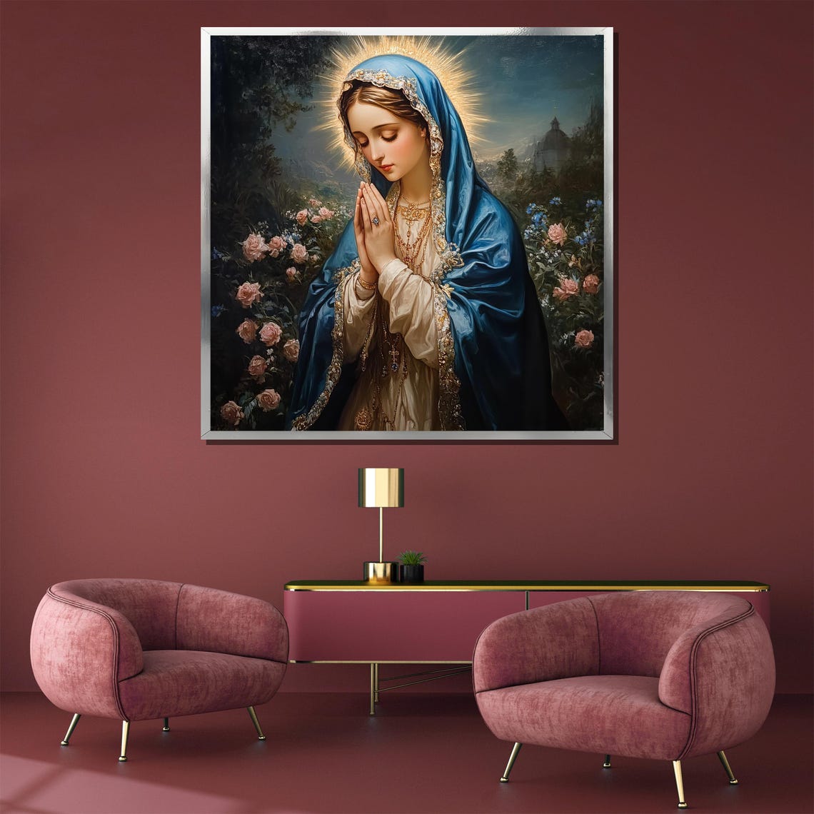 Praying Virgin Mary Blue Veil Rose Garden Night Religious Poster - Image 5