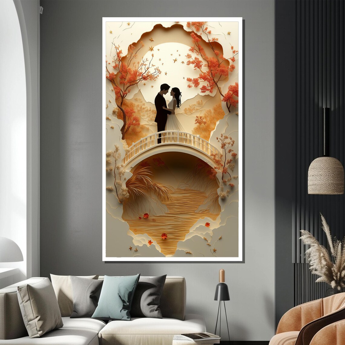 Autumn Bridge Couple Paper Cut Style Layered Leaves Art Poster - Image 3