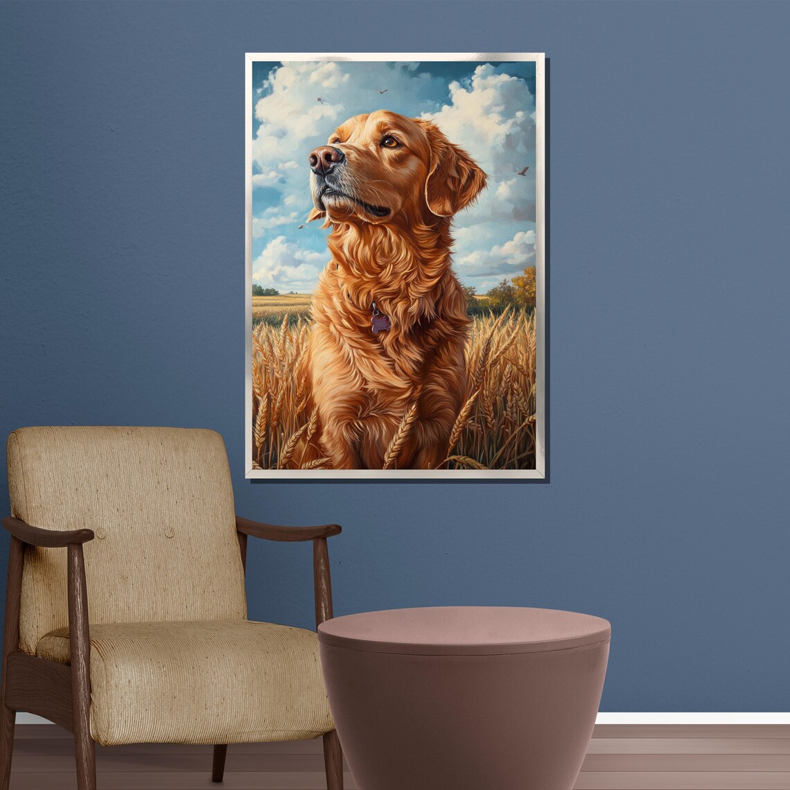Golden Retriever Walking Through Wheat Field Painting Poster - Image 3