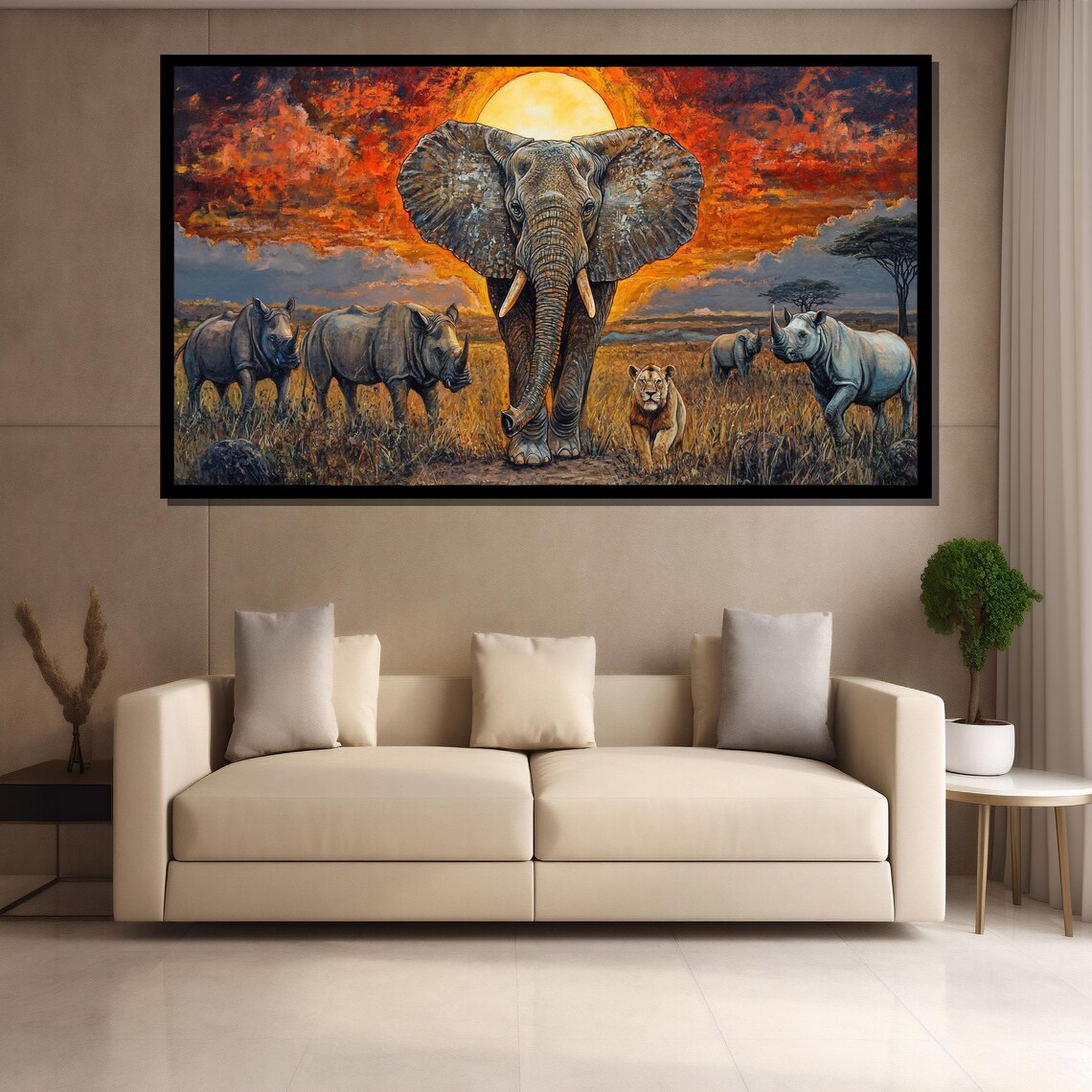 African Safari Sunset Elephant Rhino Lion Golden Framed Wildlife Poster - Image 4