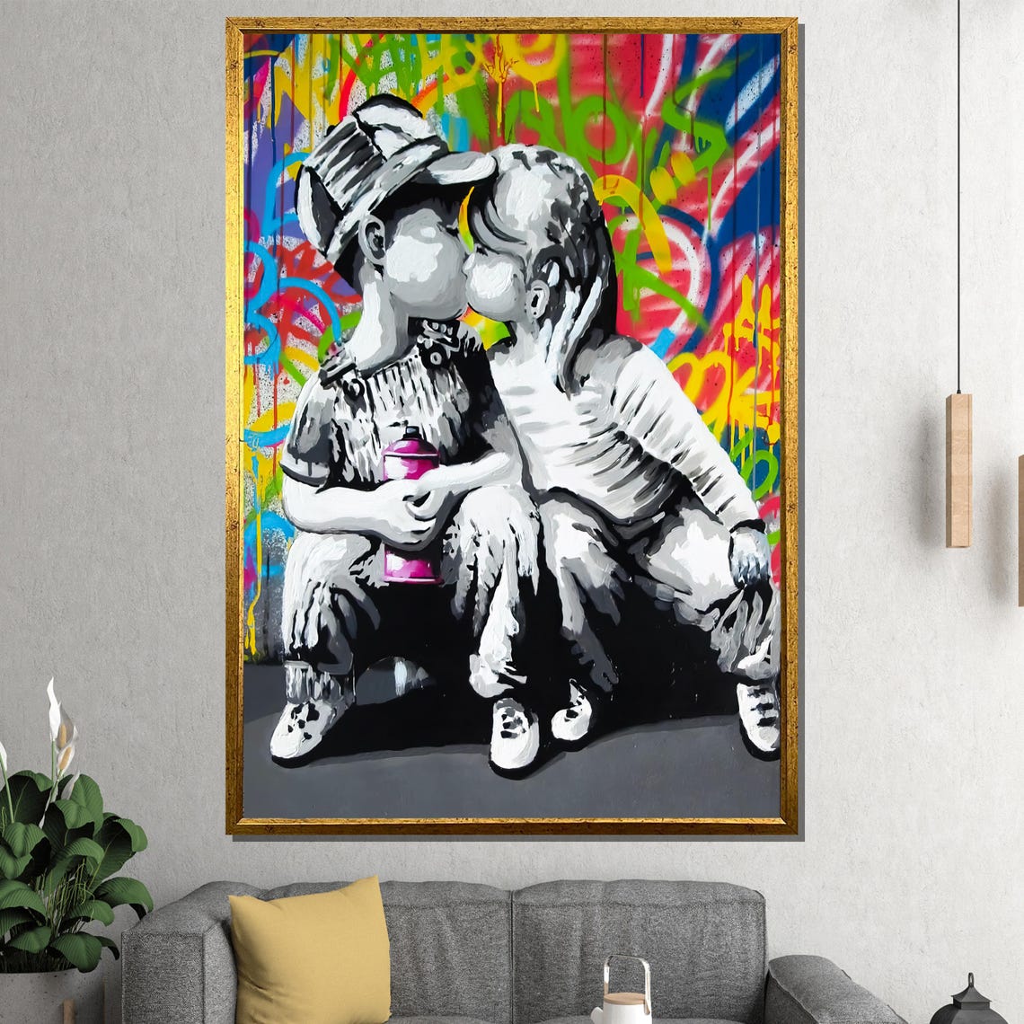 Two Kids Kissing Tenderly In Front Of A Rainbow Graffiti Wall Poster