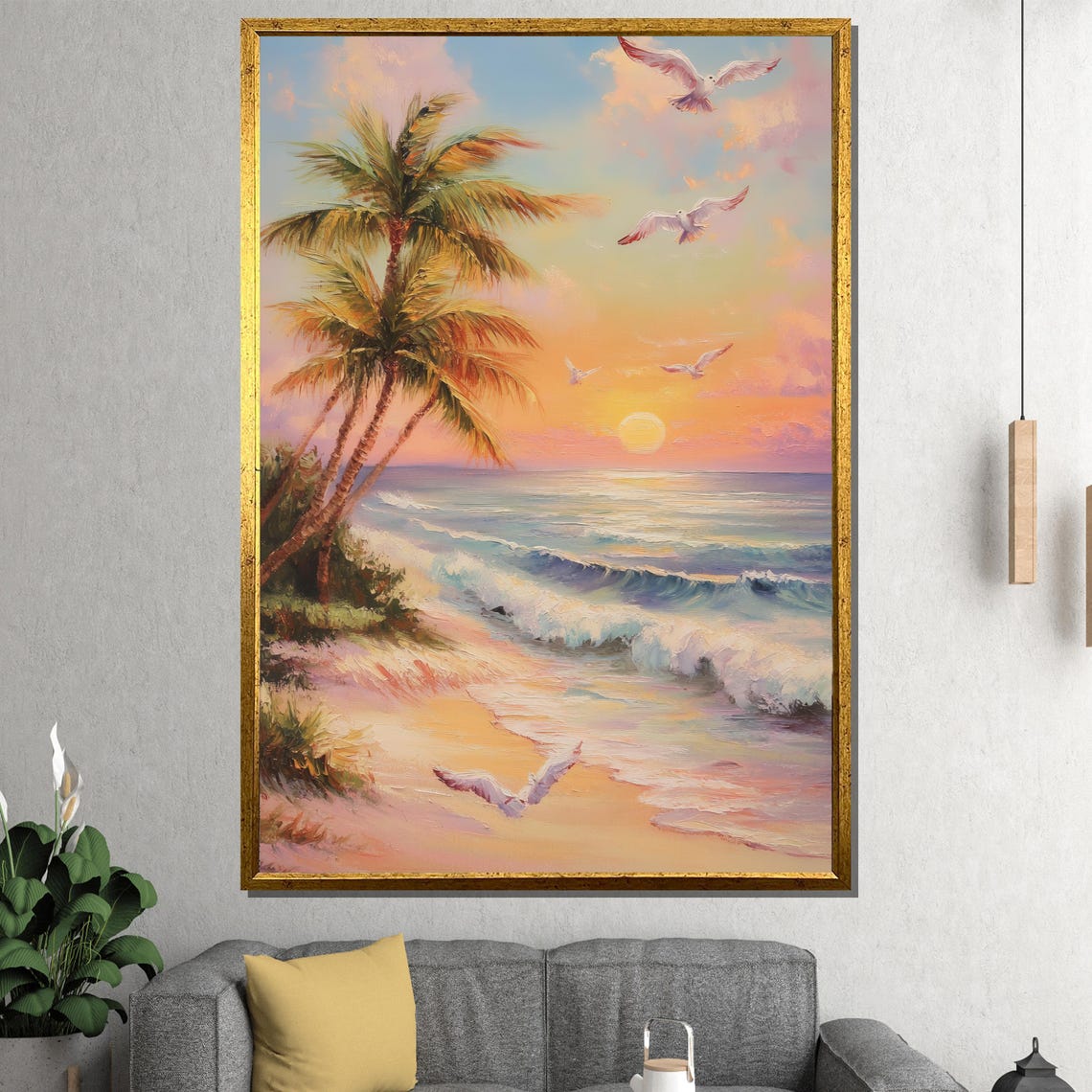 Tropical Beach Sunset Palm Trees and Soaring Seagulls Poster