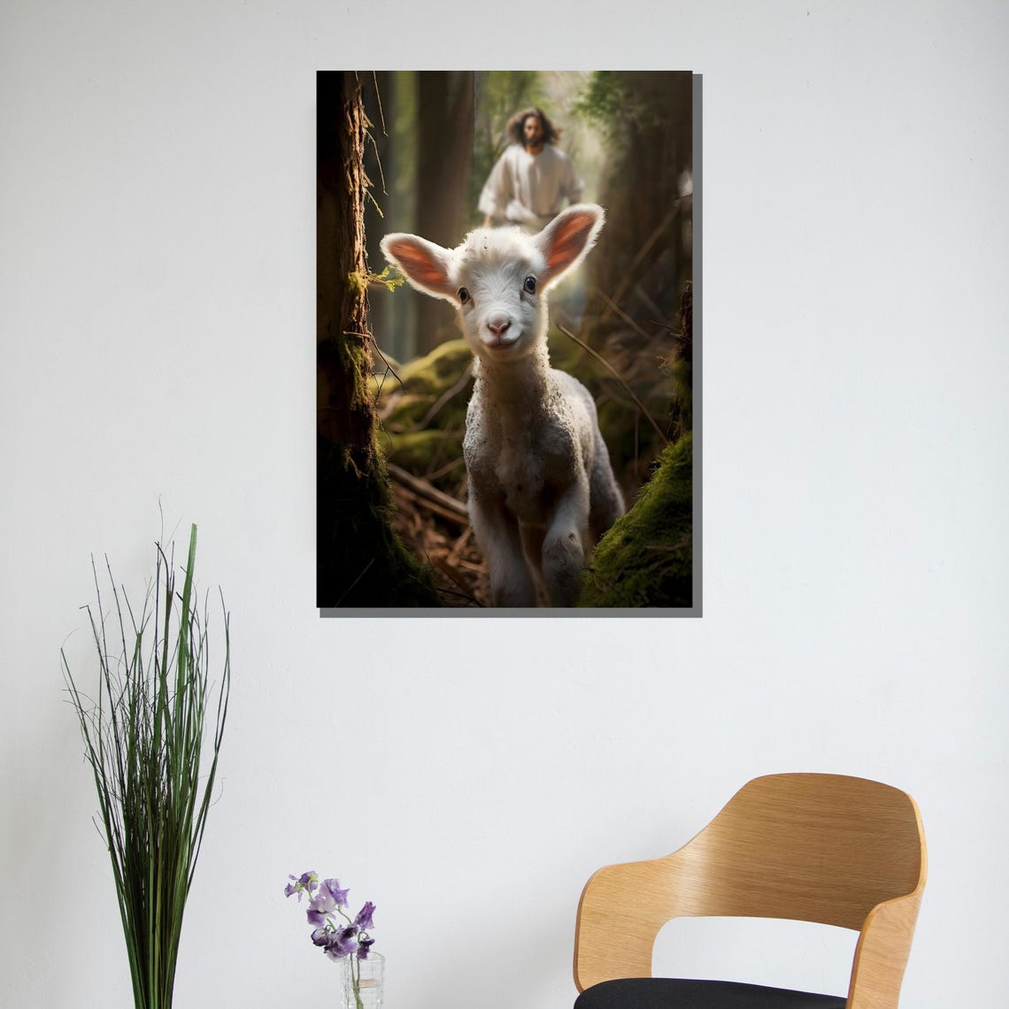 Lamb of God Gentle White Lamb in Forest with Jesus Behind Poster - Image 3