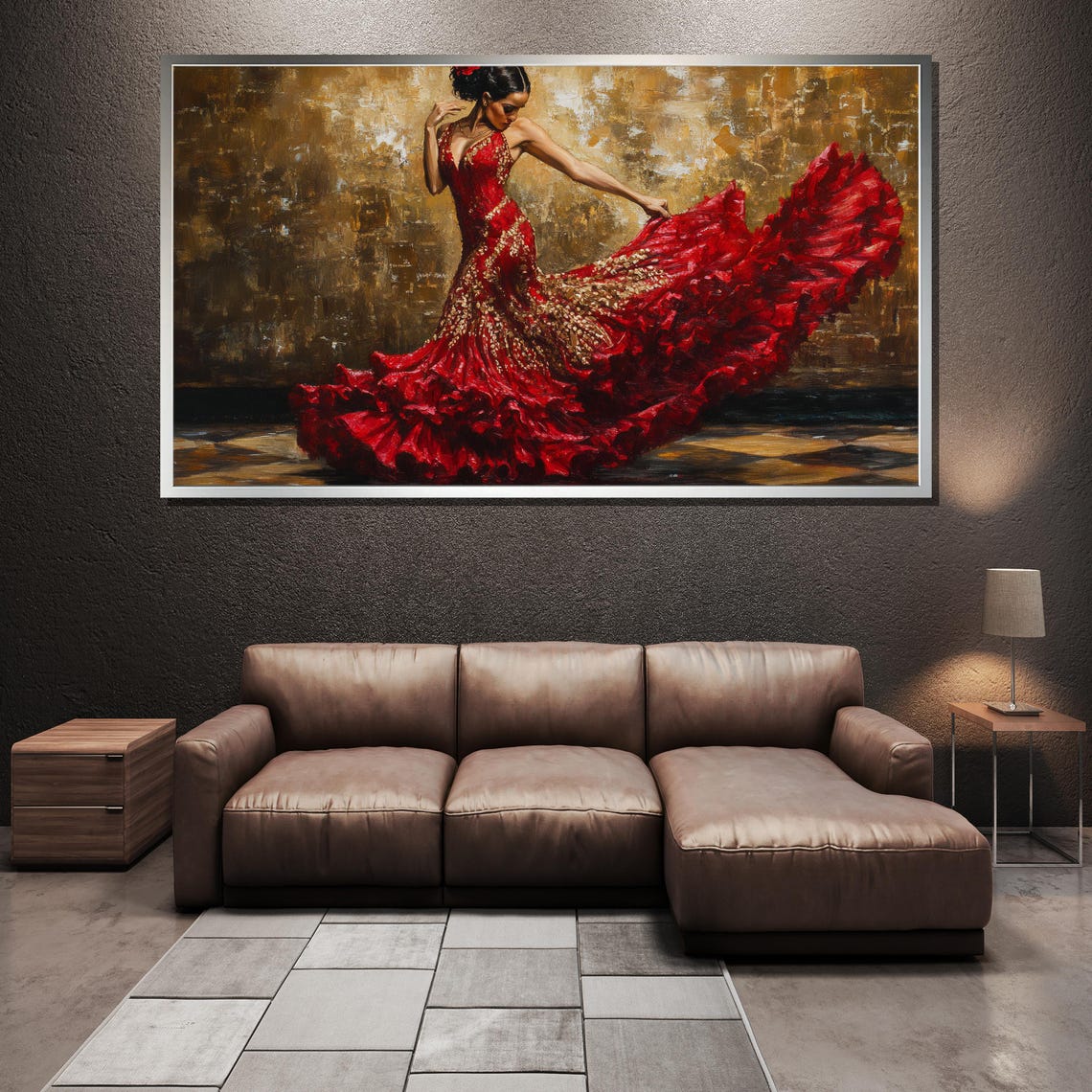 Flamenco Dancer in a Scarlet Ruffled Gown on Golden Canvas Poster - Image 3