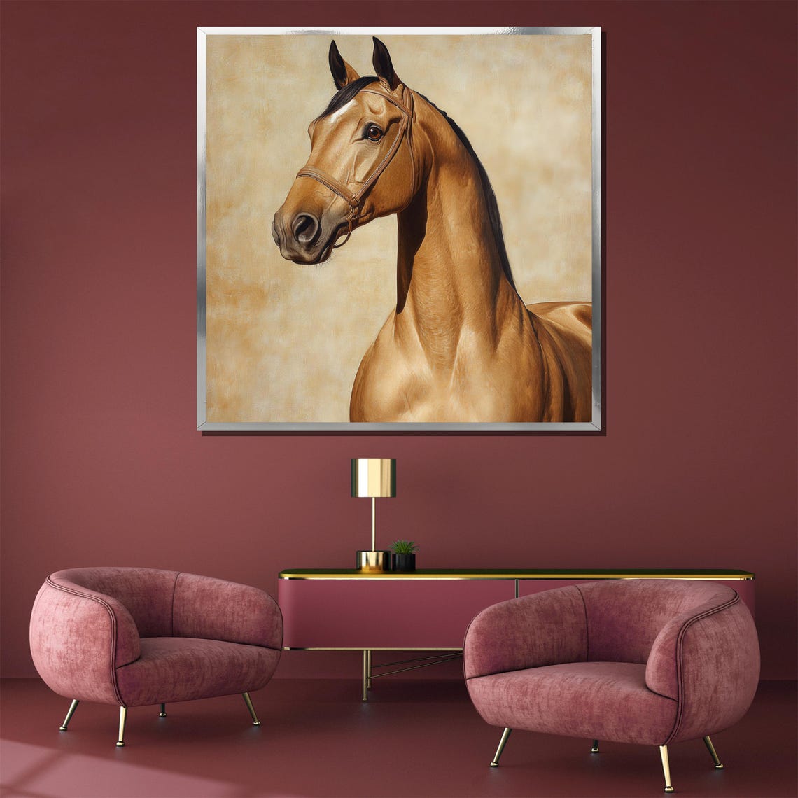 Golden Horse Head Portrait on a Warm Beige Background Poster - Image 3