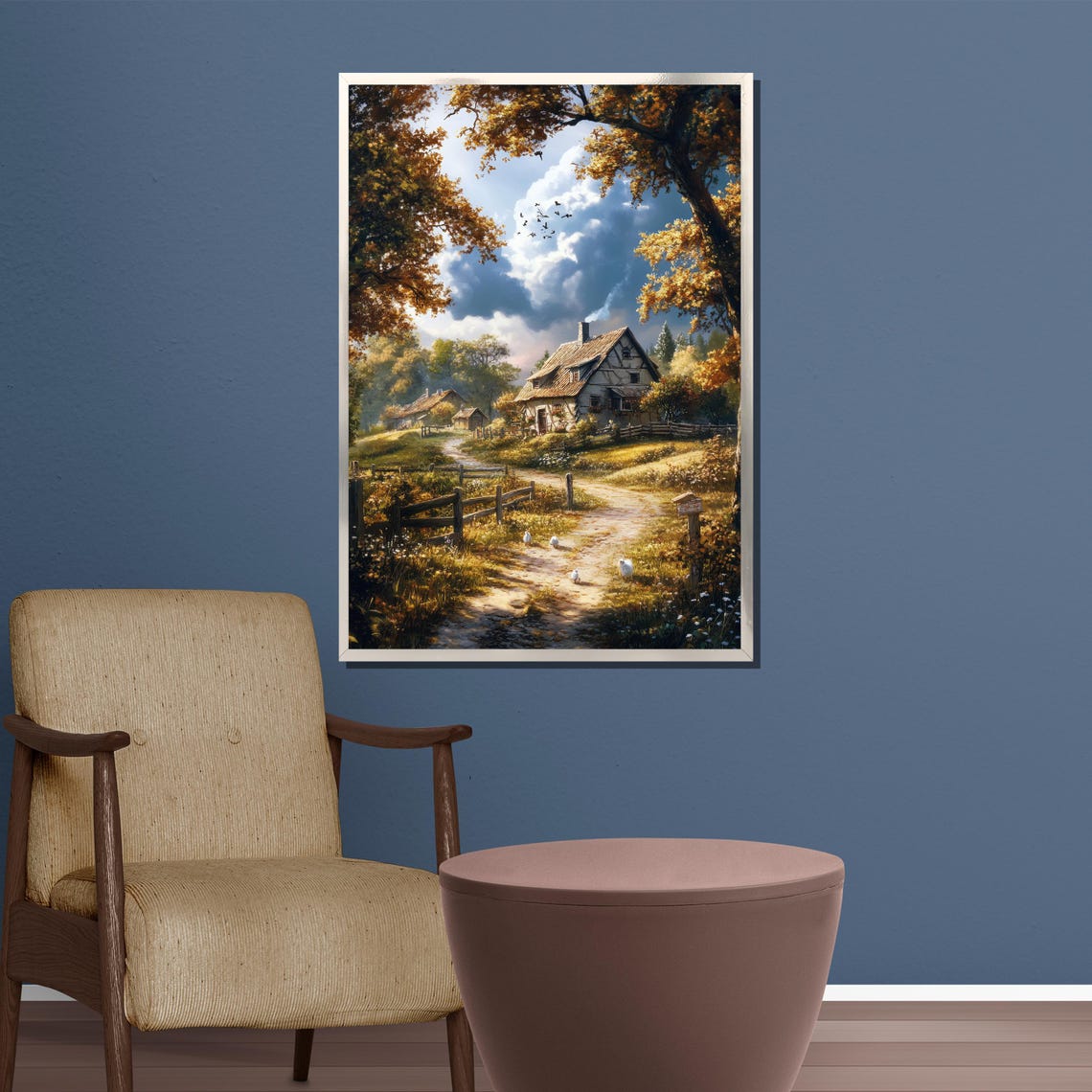 Cozy Countryside Cottage Autumn Trees Rustic Path Art Poster - Image 3