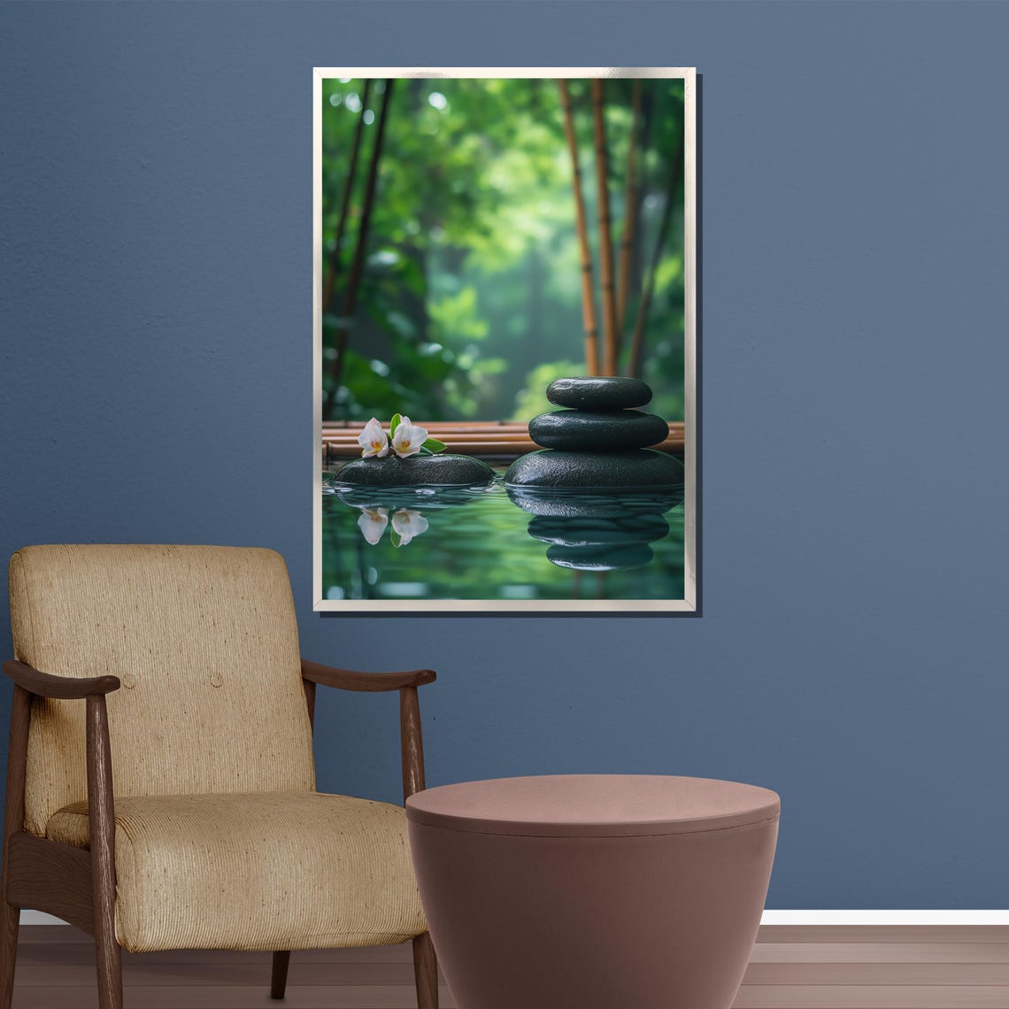 Tranquil Zen Garden Stones and Bamboo Water Reflection Poster - Image 4