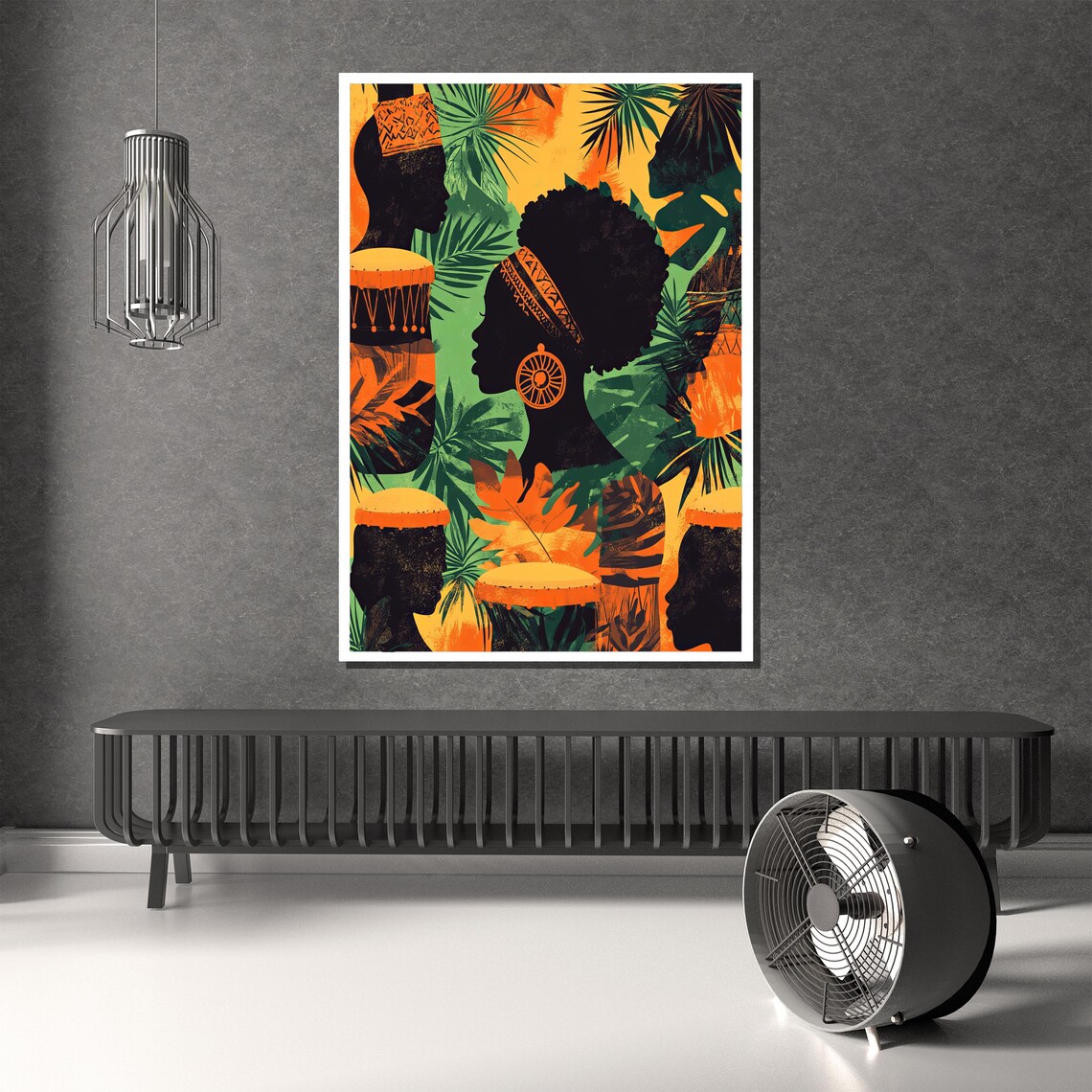 African Silhouettes and Drums in Lush Jungle Leaves Art Poster - Image 2