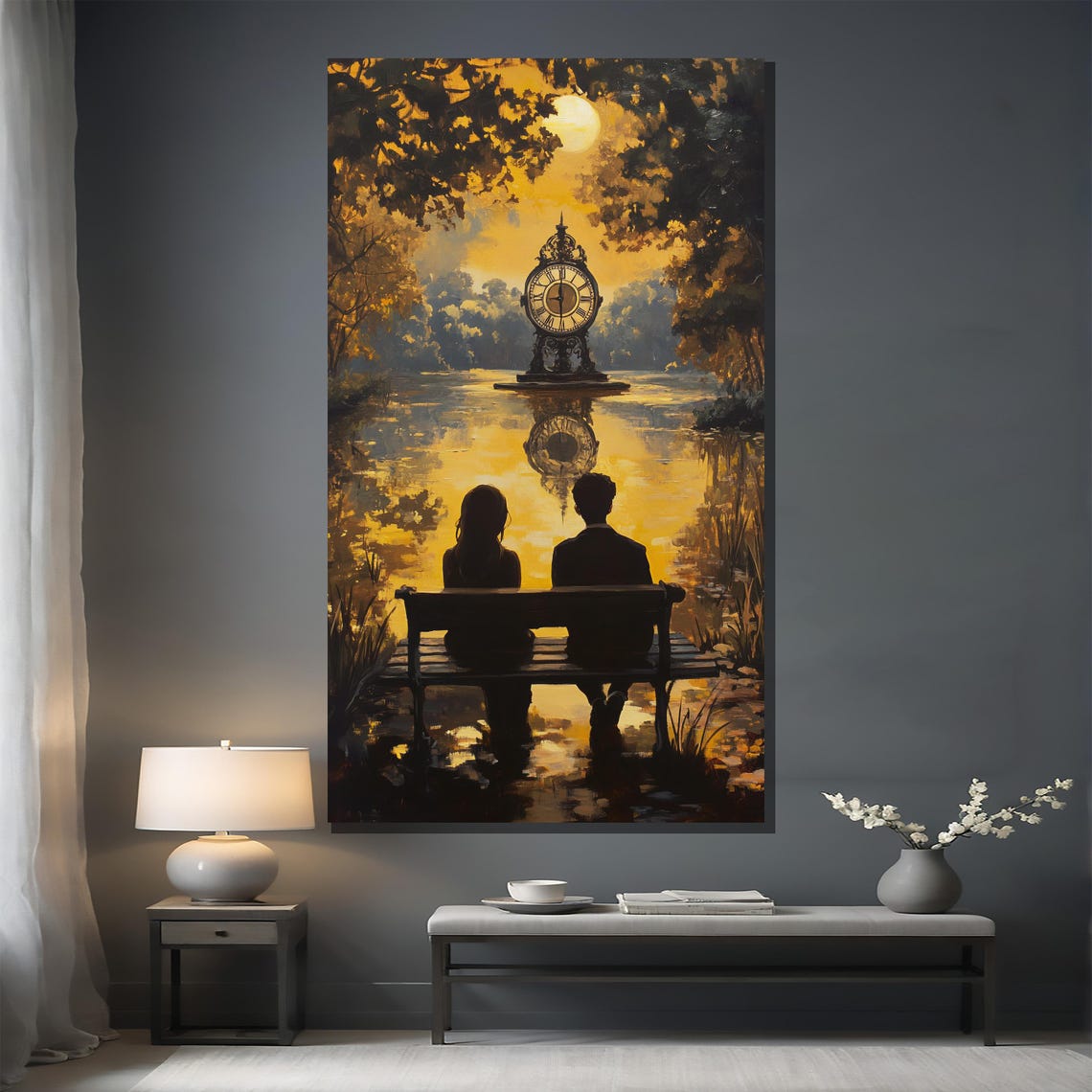 Romantic Couple On Bench Before Clock Moon Lake Dream Art Poster - Image 2