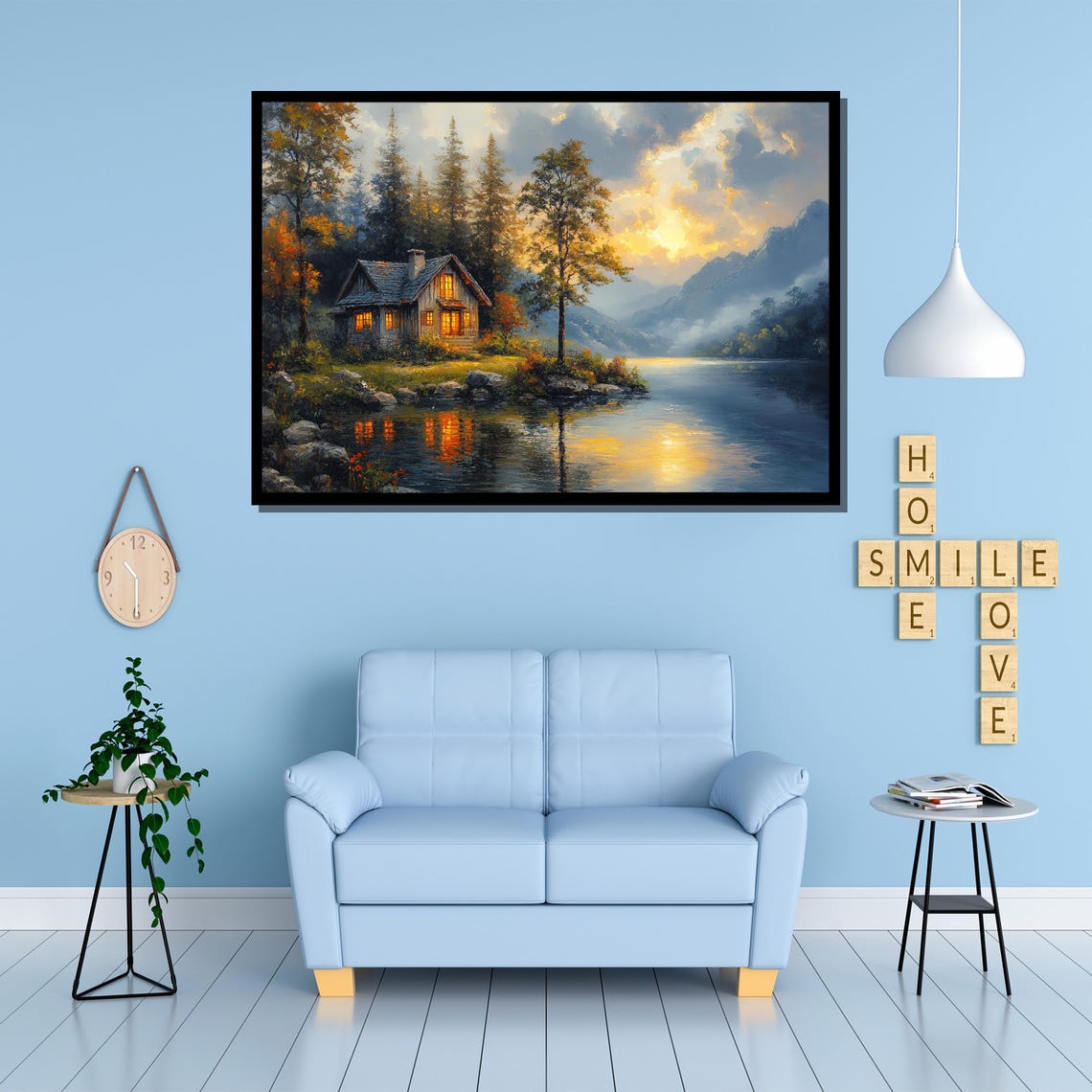 Cozy Cabin By The Lake At Dusk With Glowing Lights Art Poster - Image 4
