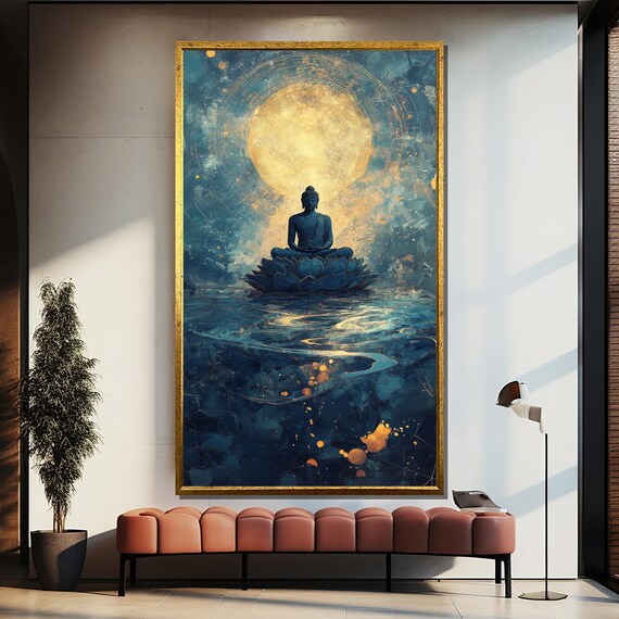 Buddha on Lotus Under a Golden Moon in a Cosmic Teal Sky Poster