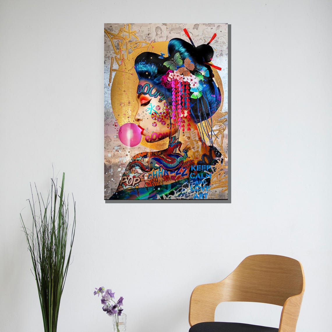 Geisha Pop Art Portrait with Pink Bubble Graffiti Art Poster - Image 2