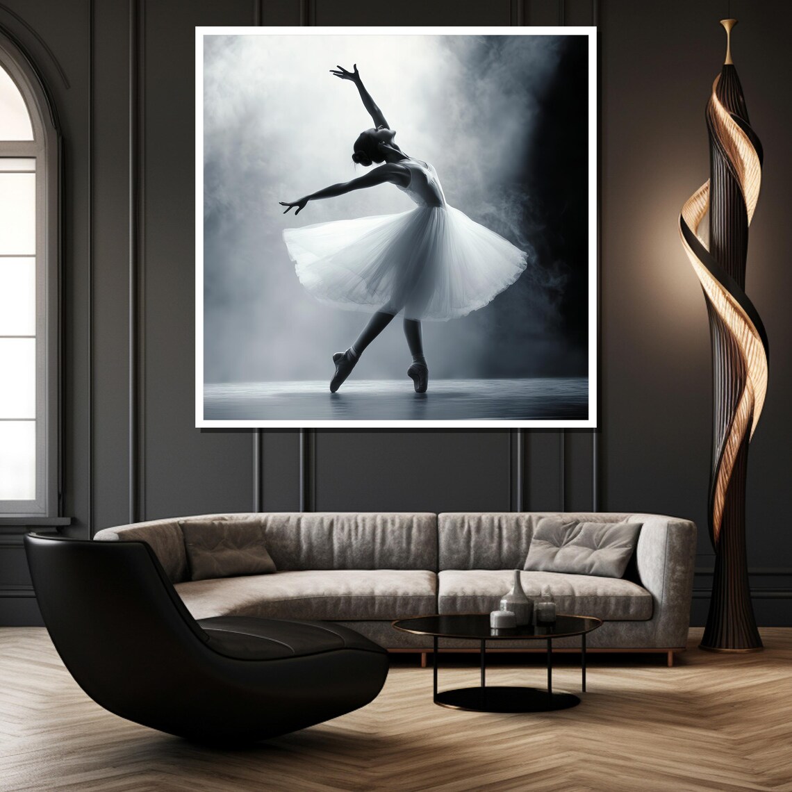 Monochrome Ballerina in a White Tutu on a Smoky Stage Poster - Image 2