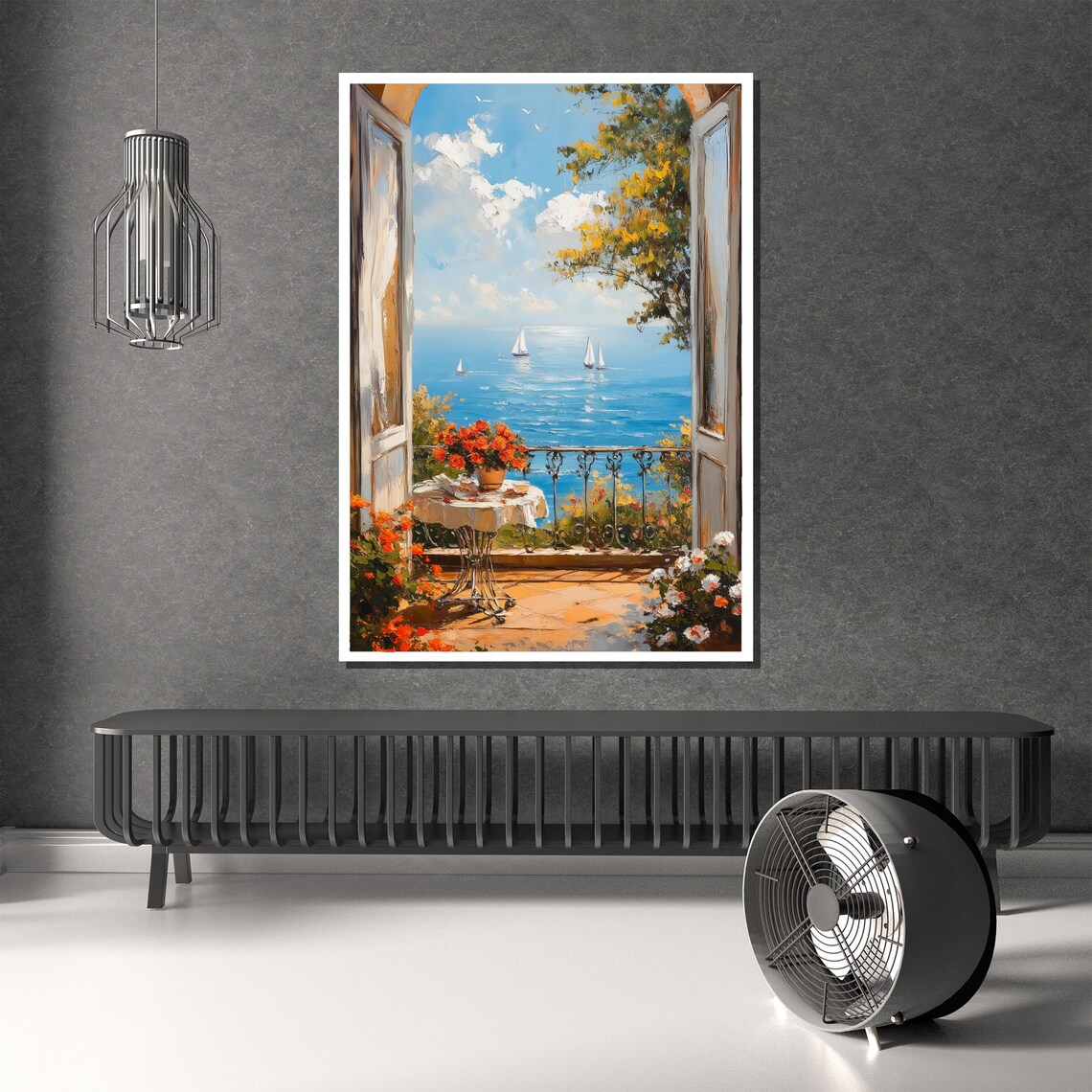 Coastal Balcony Terrace Overlooking Sailboats On Blue Sea Poster - Image 3