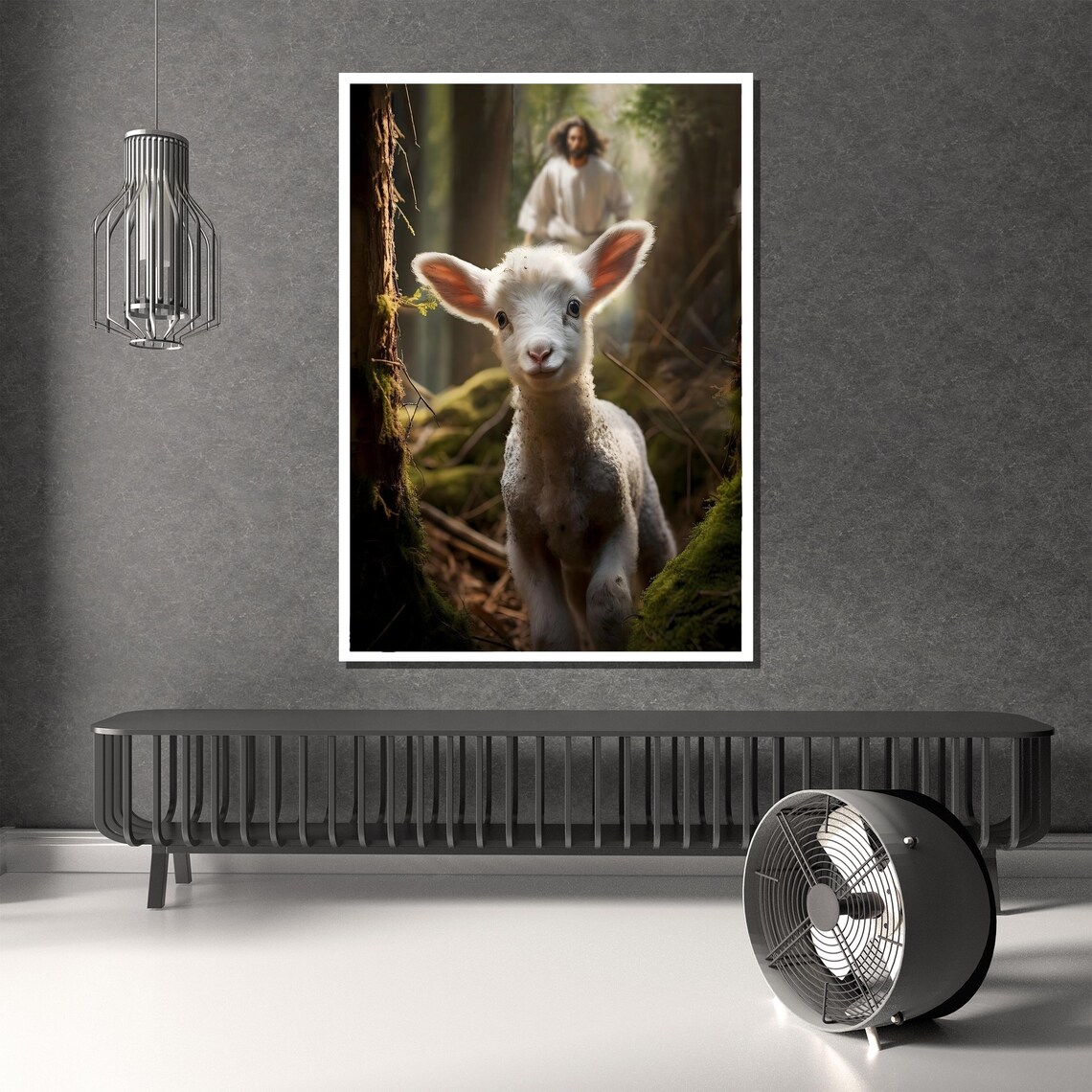 Lamb of God Gentle White Lamb in Forest with Jesus Behind Poster - Image 4