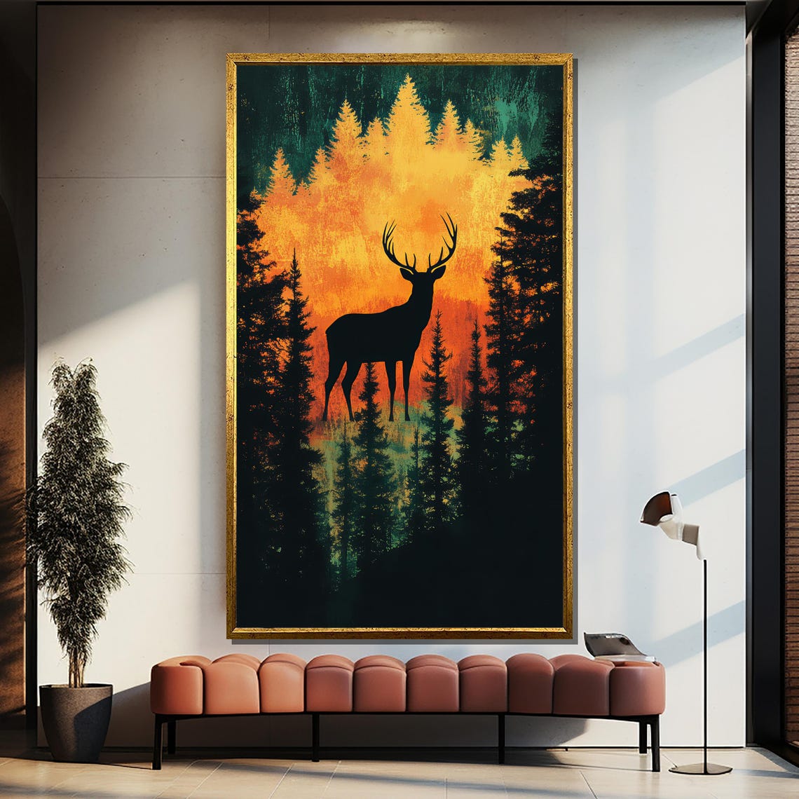 Deer Silhouette In Sunset Pine Forest Fiery Wildlife Art Poster