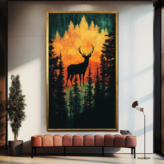 Deer Silhouette In Sunset Pine Forest Fiery Wildlife Art Poster