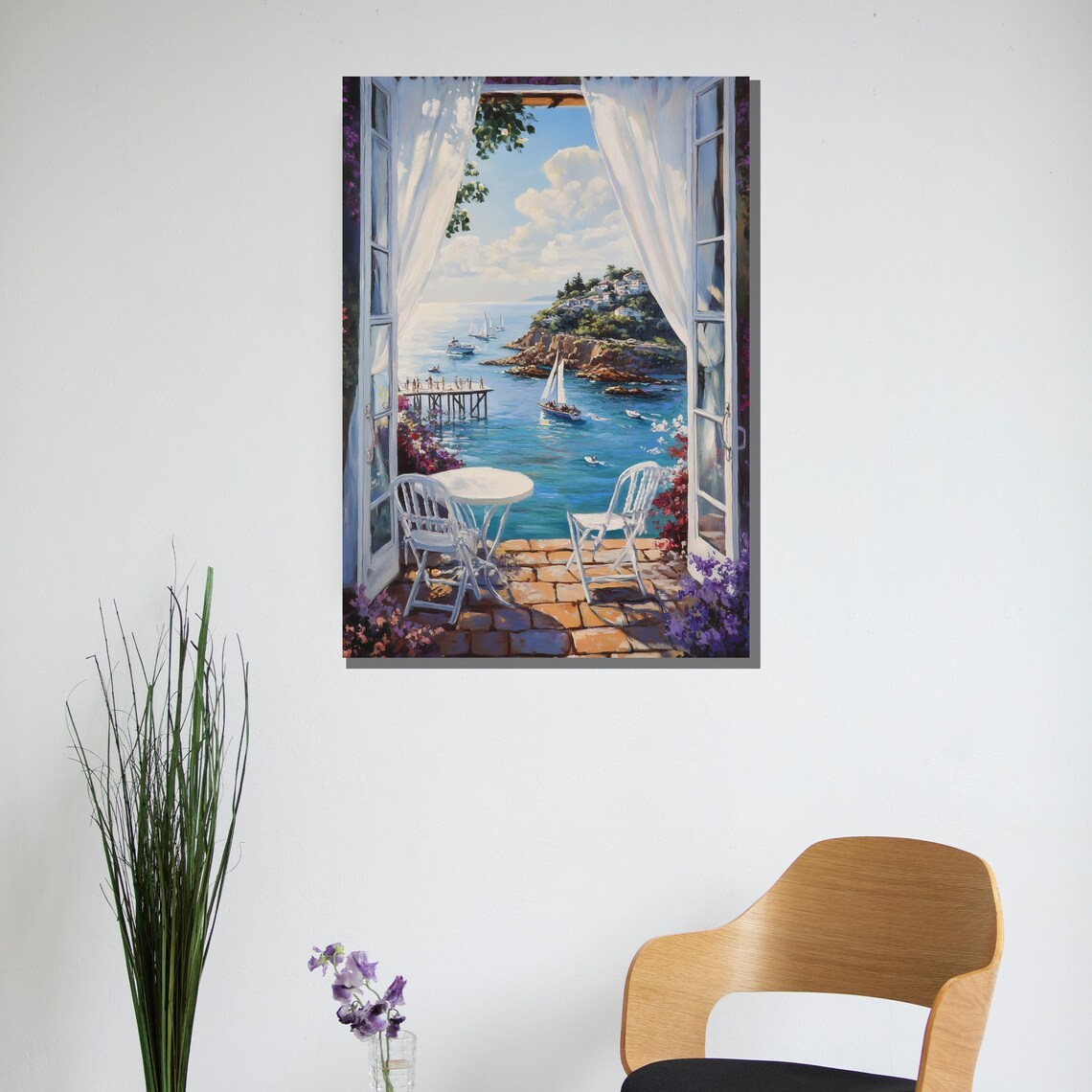 Sunlit Balcony Overlooking The Sea With Sailboats Painting Poster - Image 2