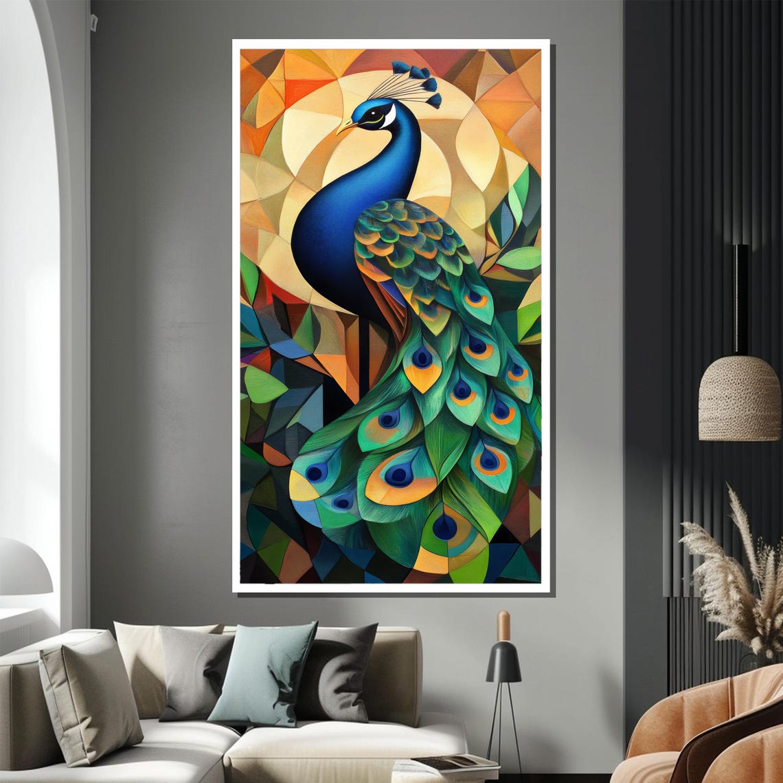 Geometric Peacock in a Stained Glass Style Vibrant Bird Poster - Image 2