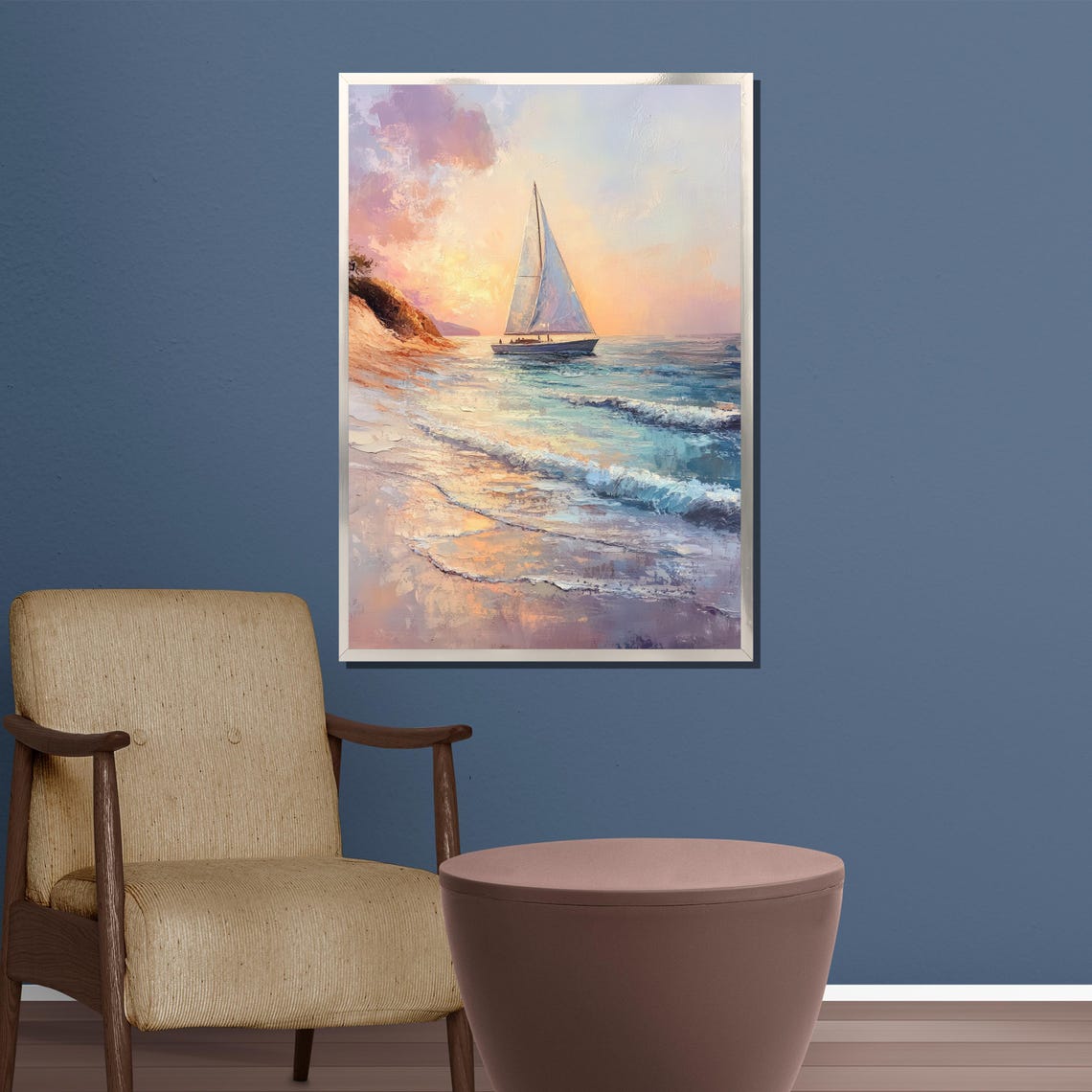 Soft Sunset Sailboat Near Beach Shoreline Pastel Ocean Art Poster - Image 3